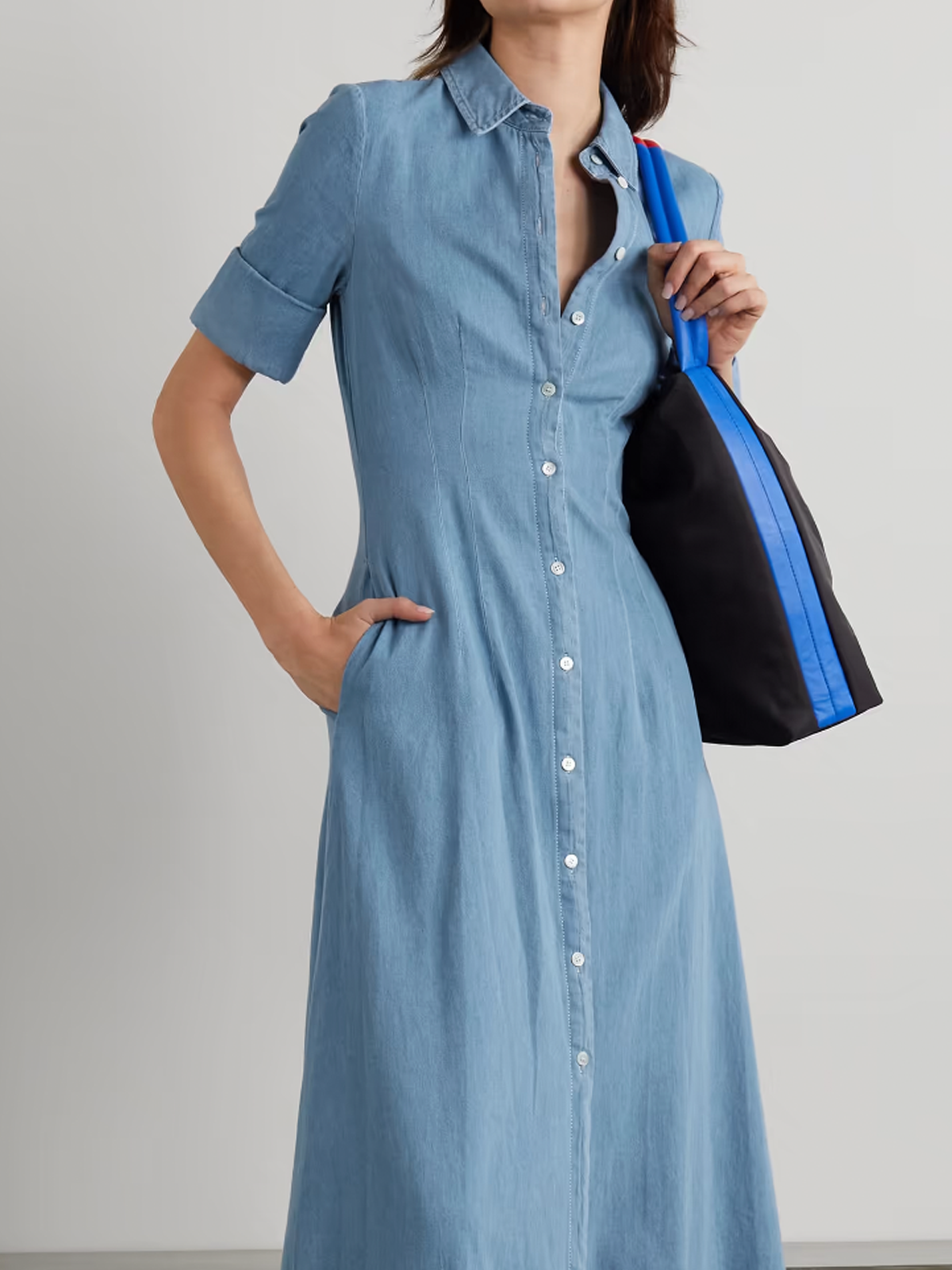 Plain Shirt Collar Loose Short sleeve Urban Denim Maxi Dress With No