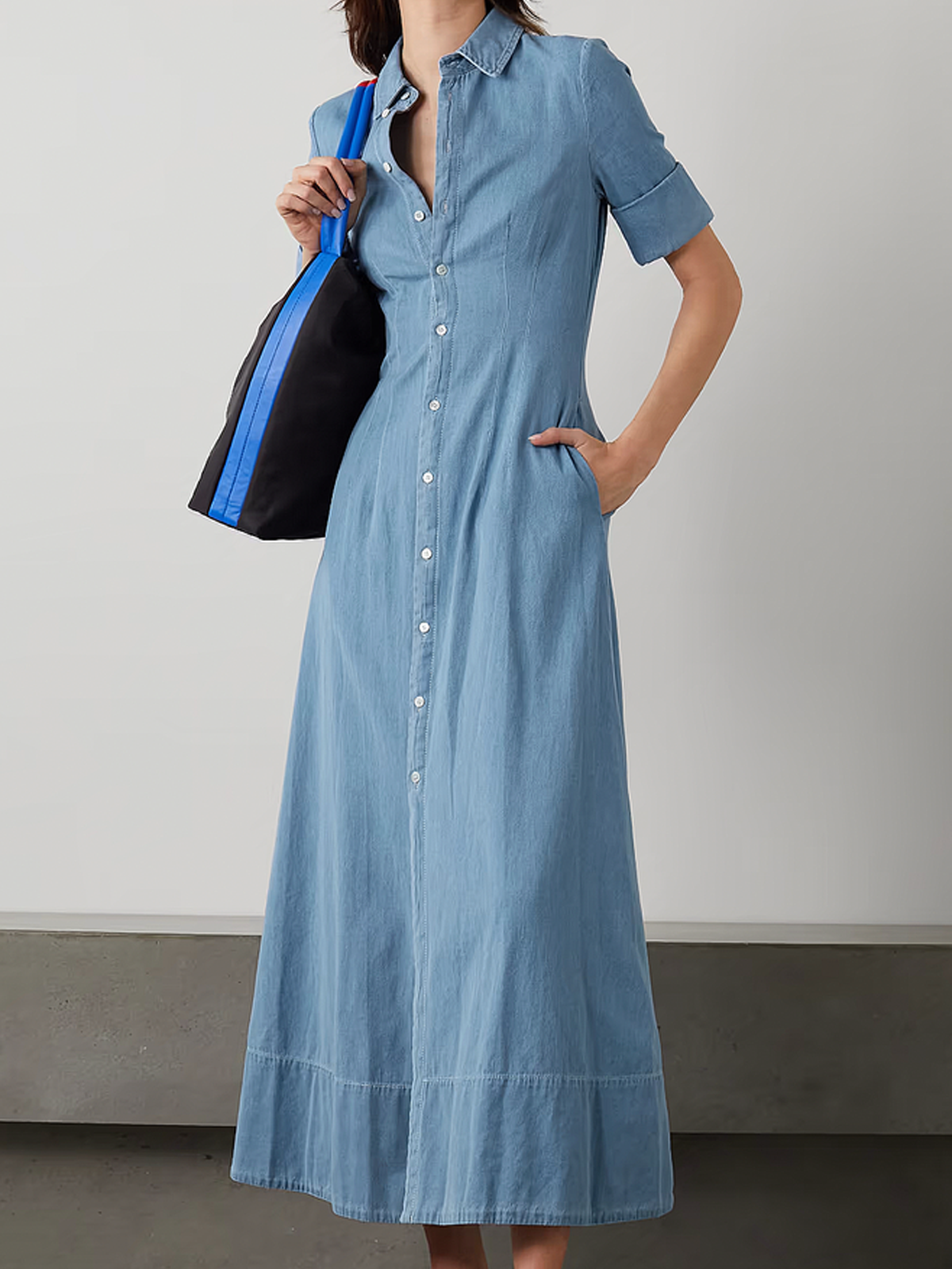 Plain Shirt Collar Loose Short sleeve Urban Denim Maxi Dress With No