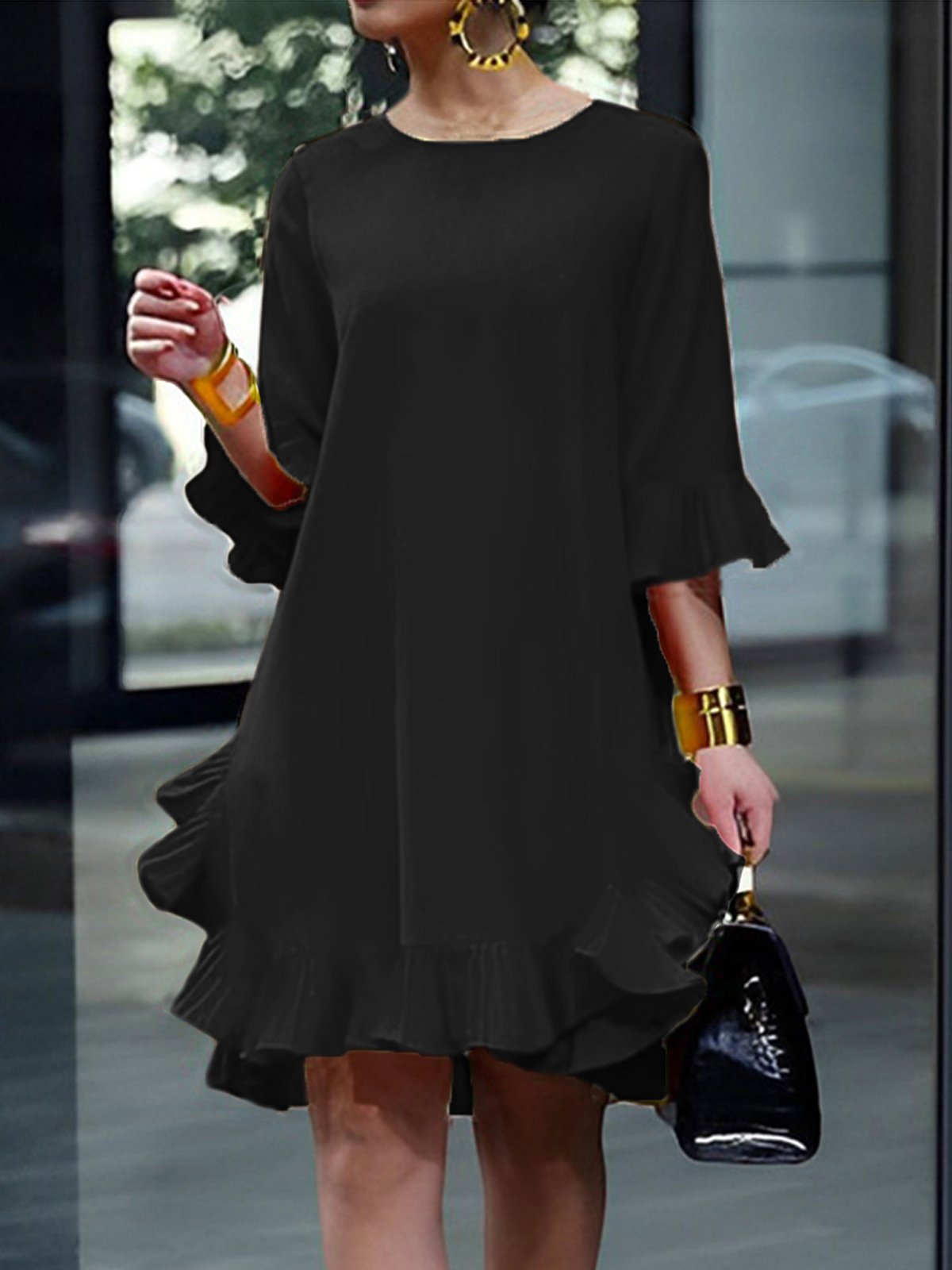 2023 Fashion week plain Crew Neck Loose Elegant Dress