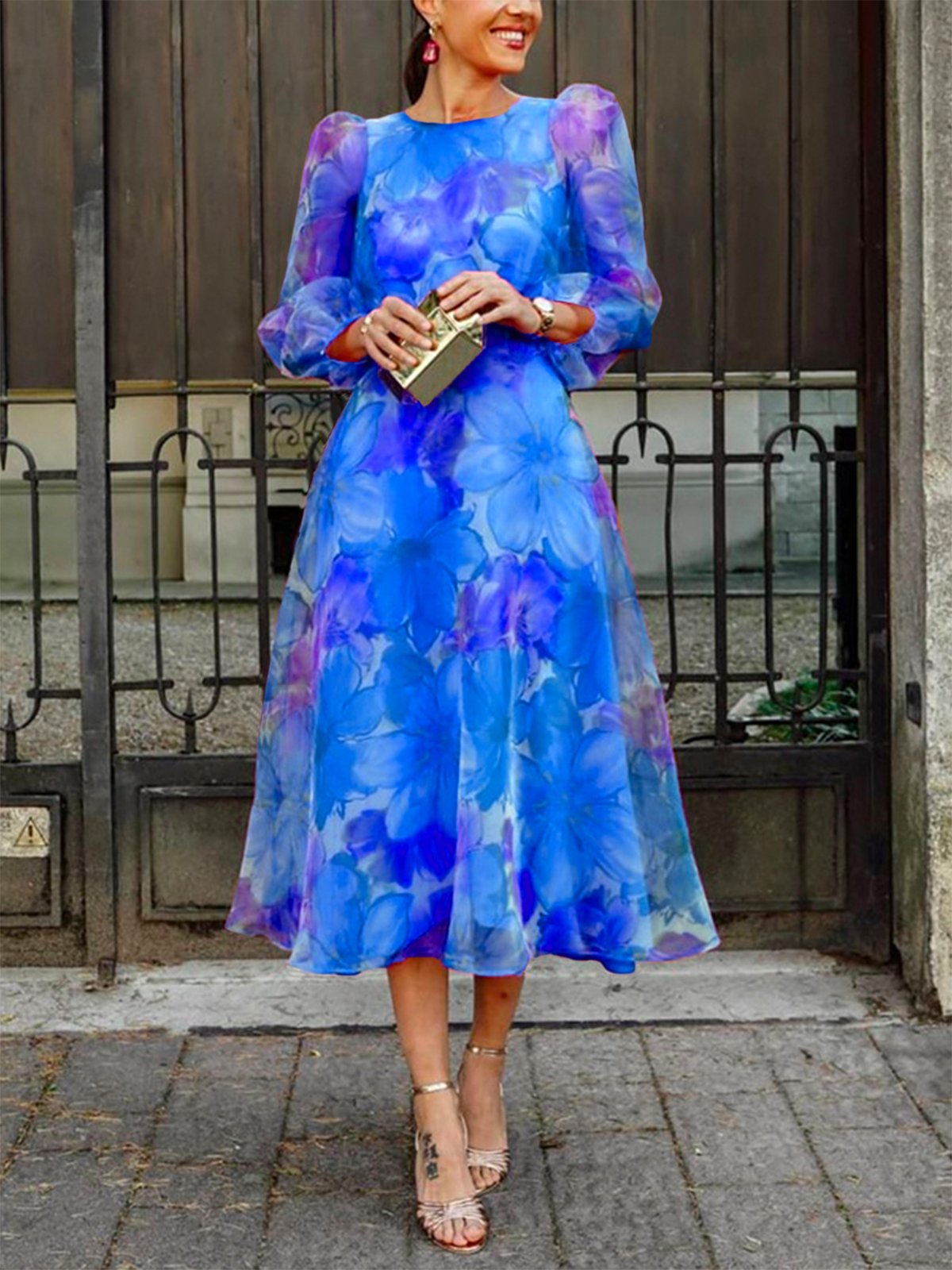 Regular Fit Floral Elegant Crew Neck Midi Dress