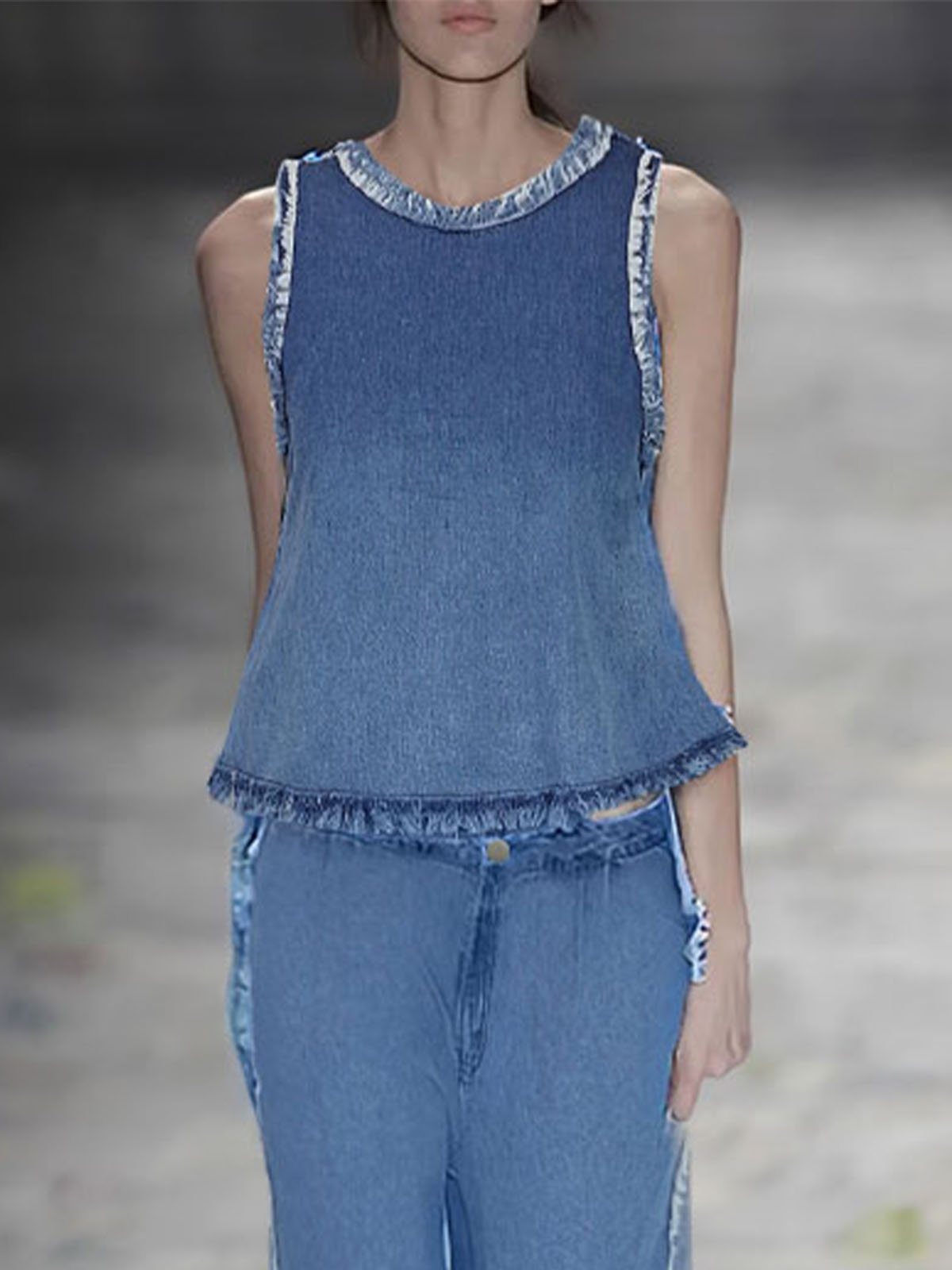Sleeveless Crew Neck Casual Denim Top