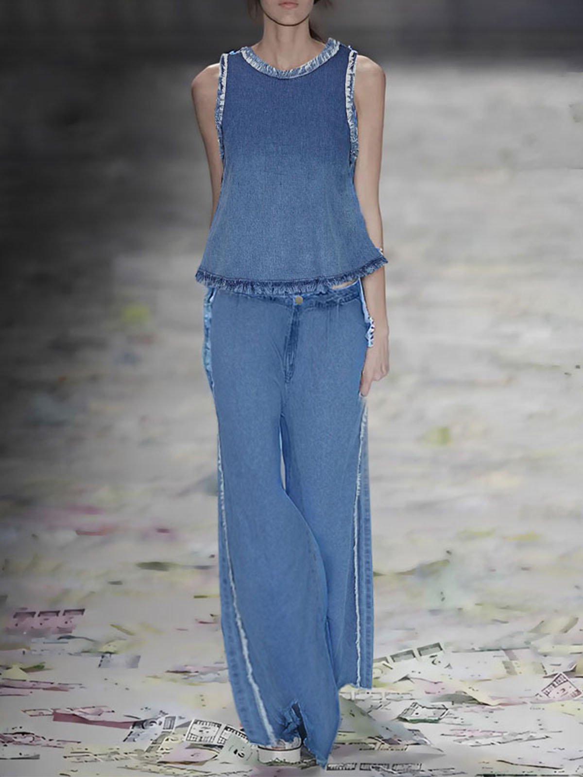 Sleeveless Crew Neck Casual Denim Top