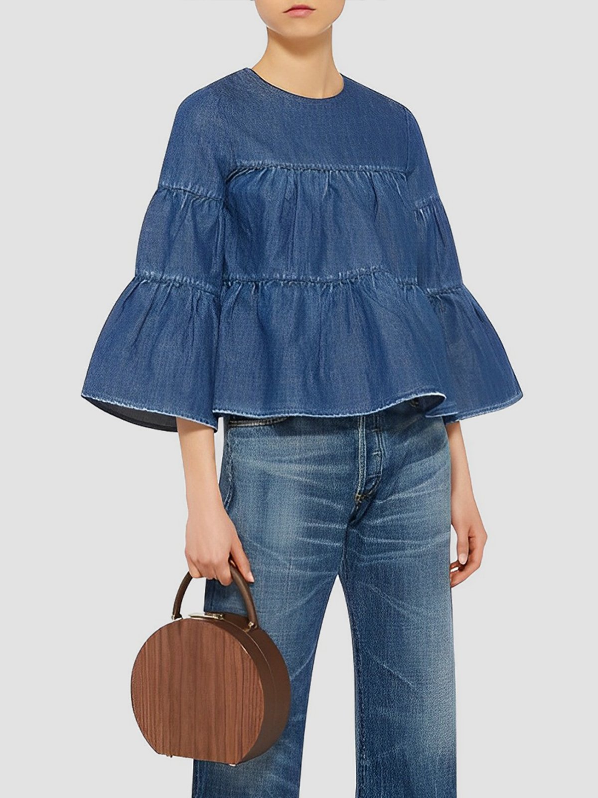 Three Quarter Crew Neck Casual Denim Top