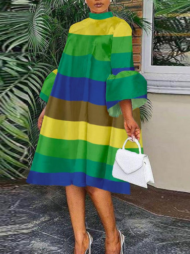 Elegant Striped Stand Collar Midi Dress With No Belt