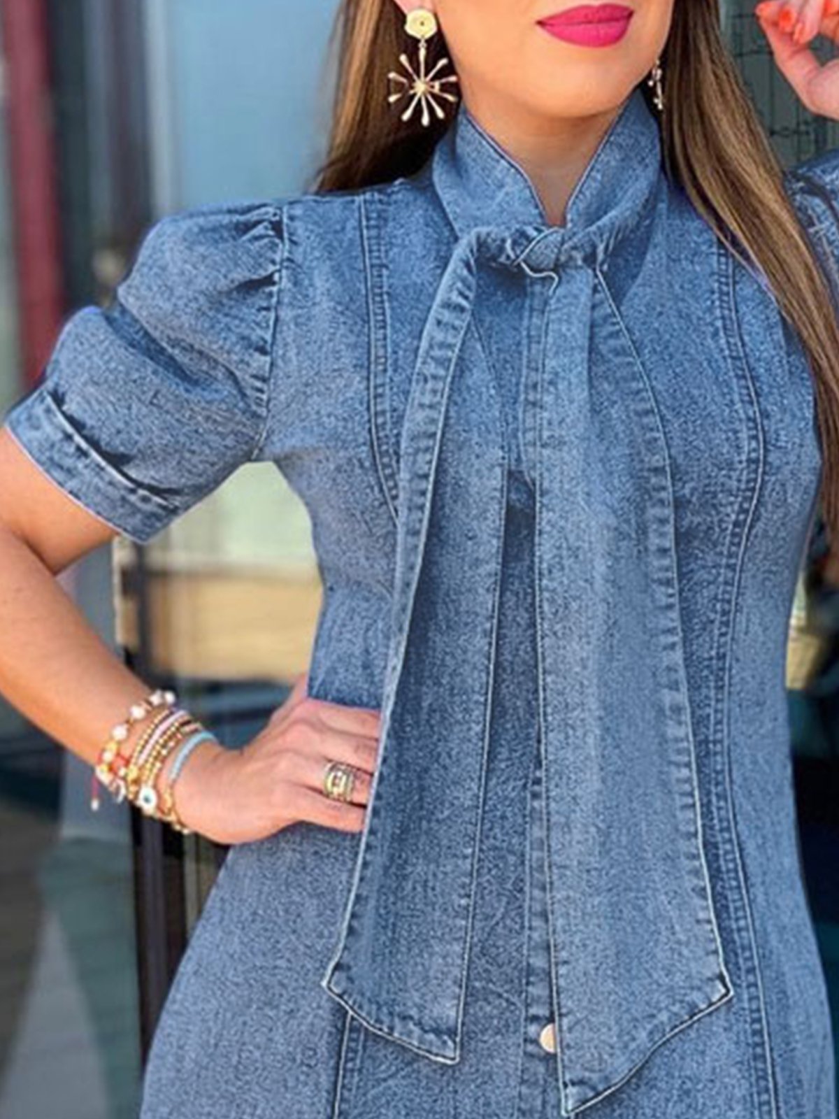 Elegant Plain Regular Fit Denim Mini Dress With No Belt