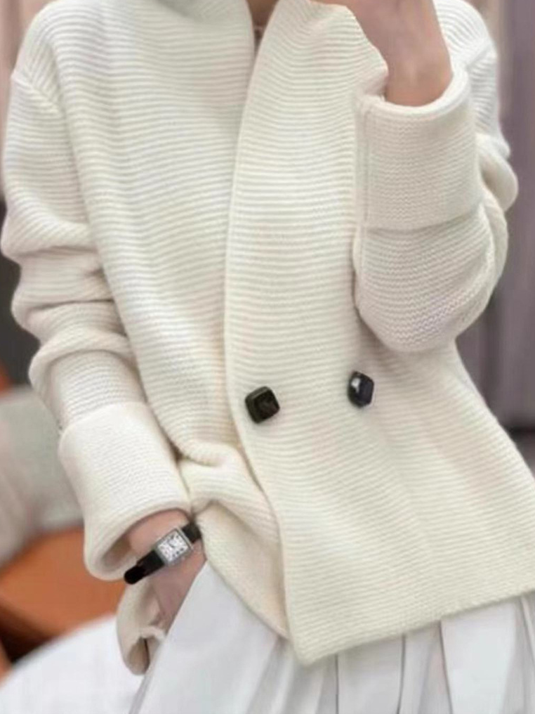 Casual Buckle Plain Stand Collar Cardigan