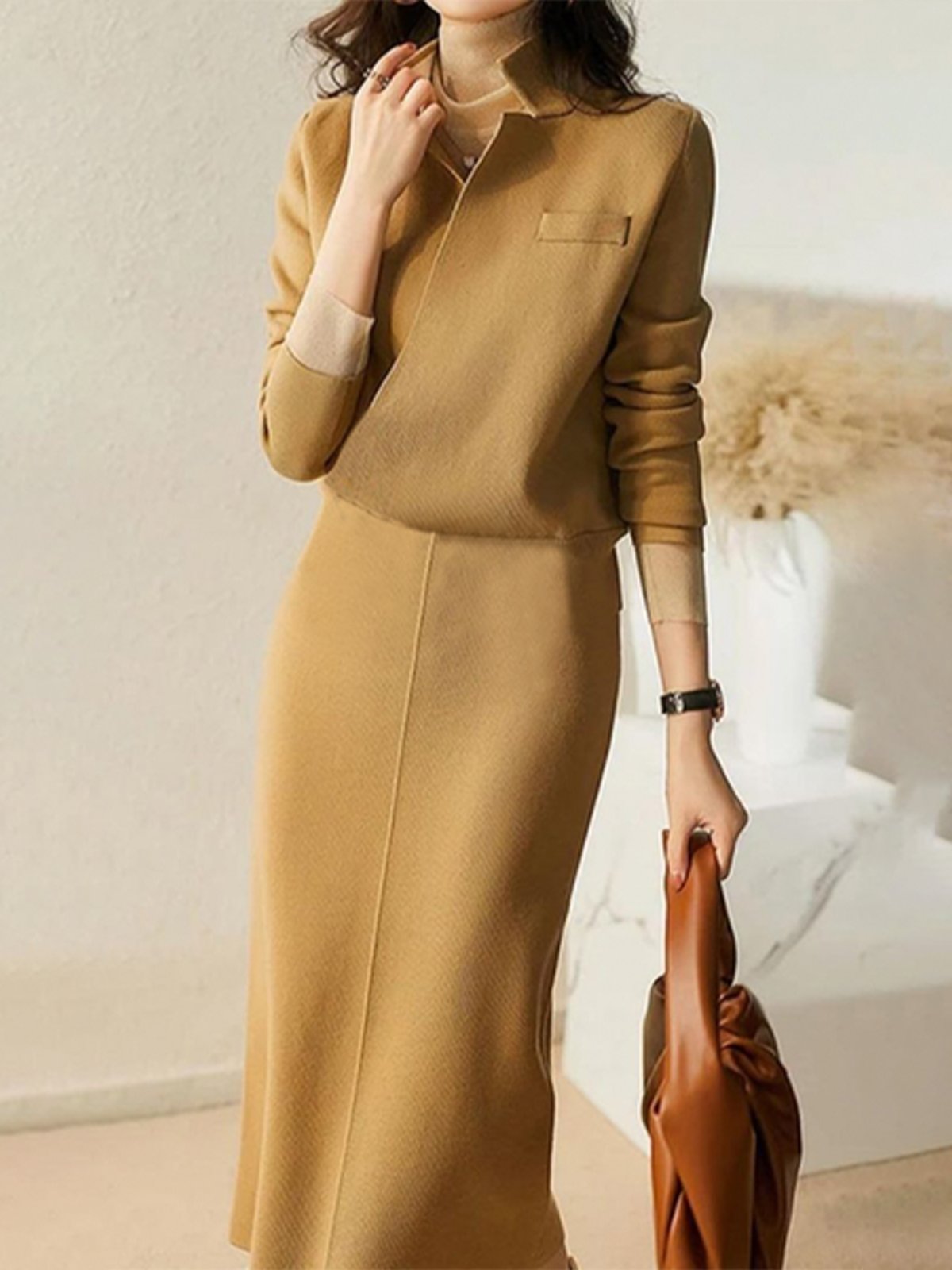 Stand Collar Regular Fit Urban Sweater Midi Dress With No Belt