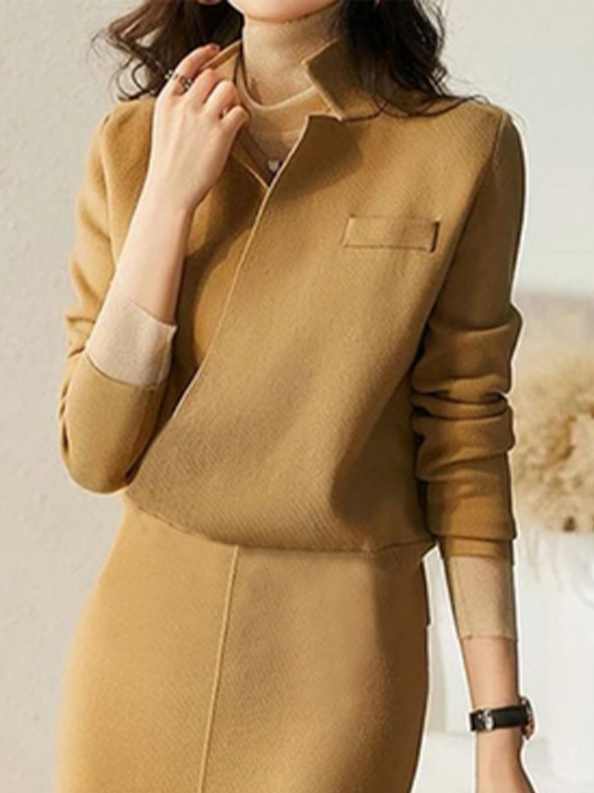 Stand Collar Regular Fit Urban Sweater Midi Dress With No Belt