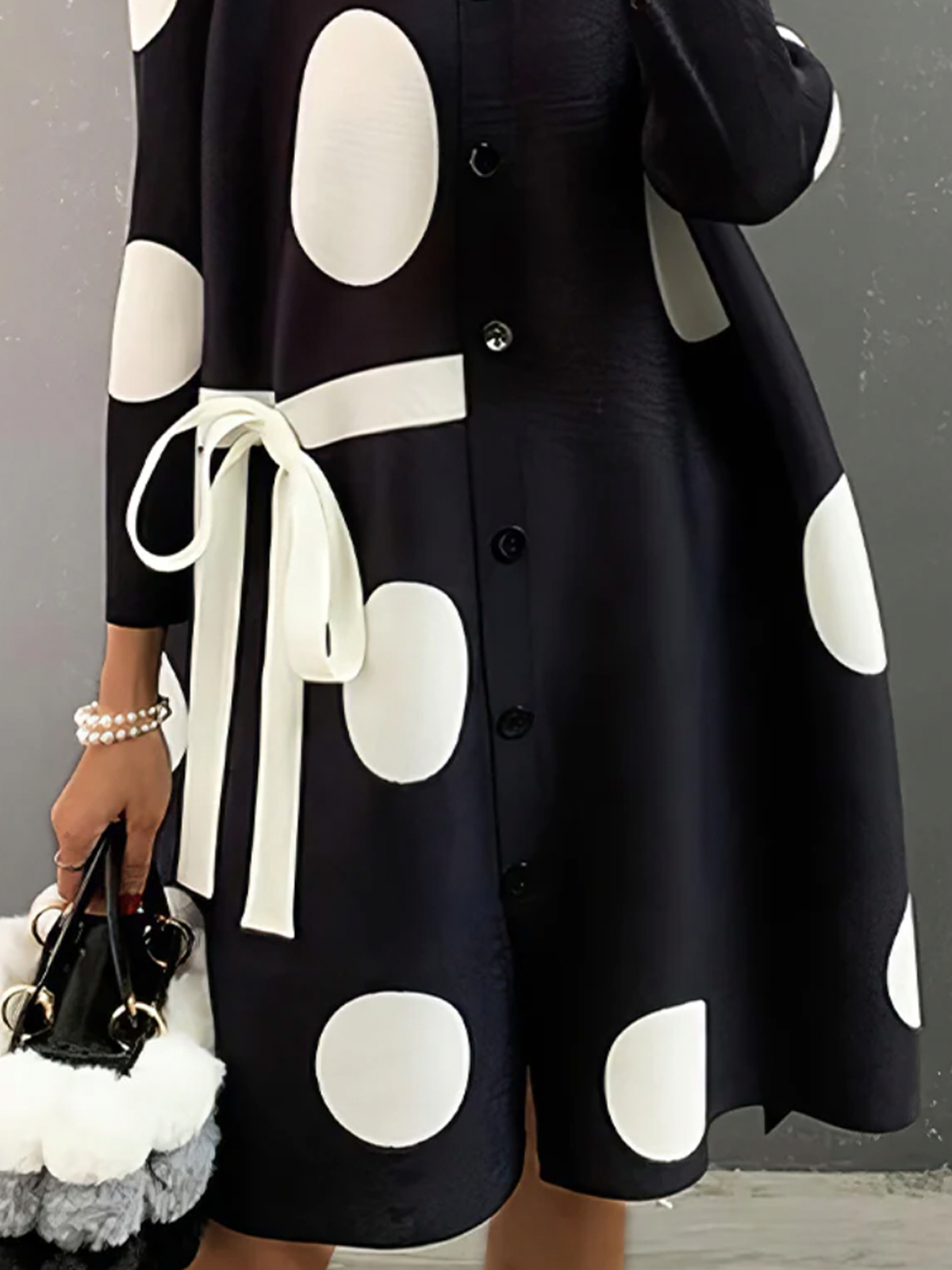 Polka Dots Stand Collar Three Quarter Sleeve Urban Loose Short Dress With Belt