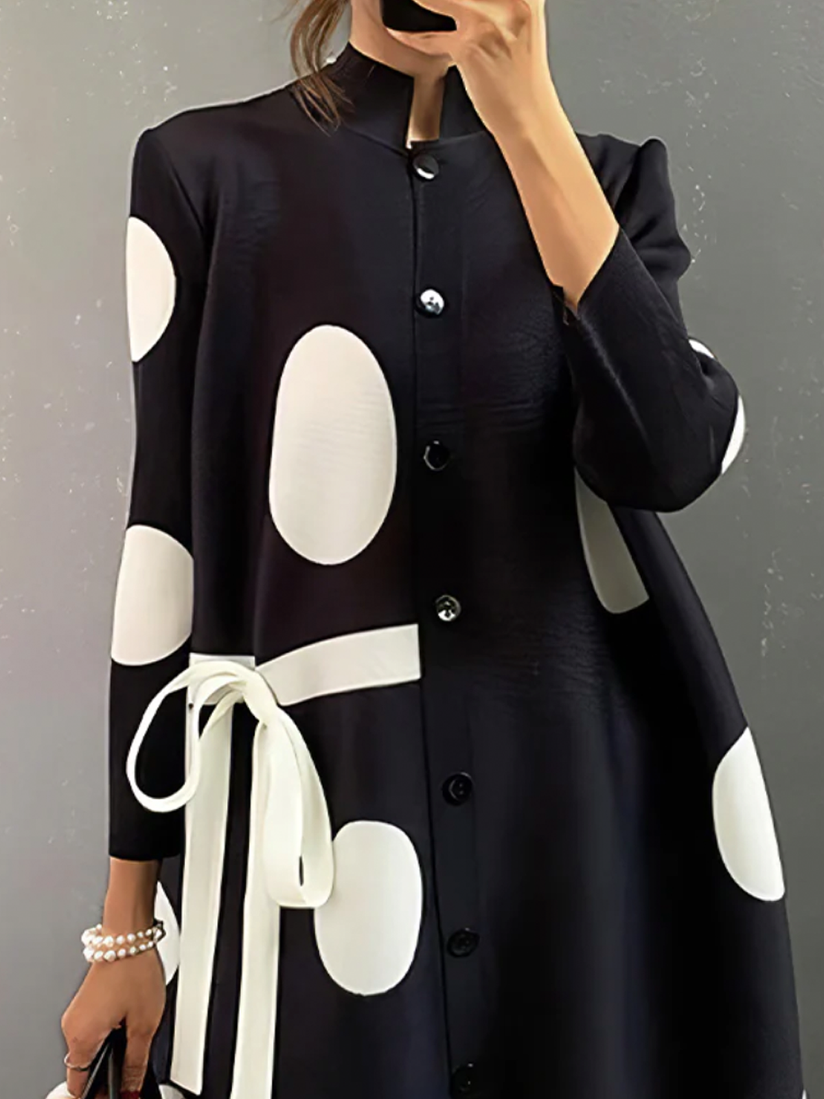 Polka Dots Stand Collar Three Quarter Sleeve Urban Loose Short Dress With Belt