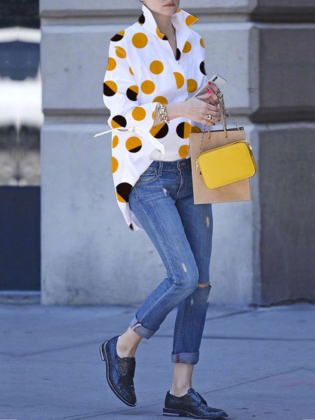Urban Loose Polka Dots Shirt Collar Blouse