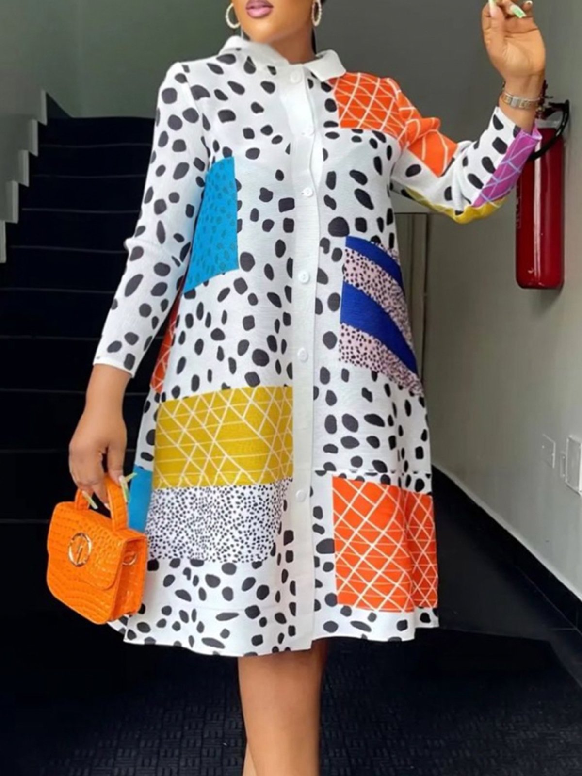 Loose Geometric Urban Shirt Collar Dress