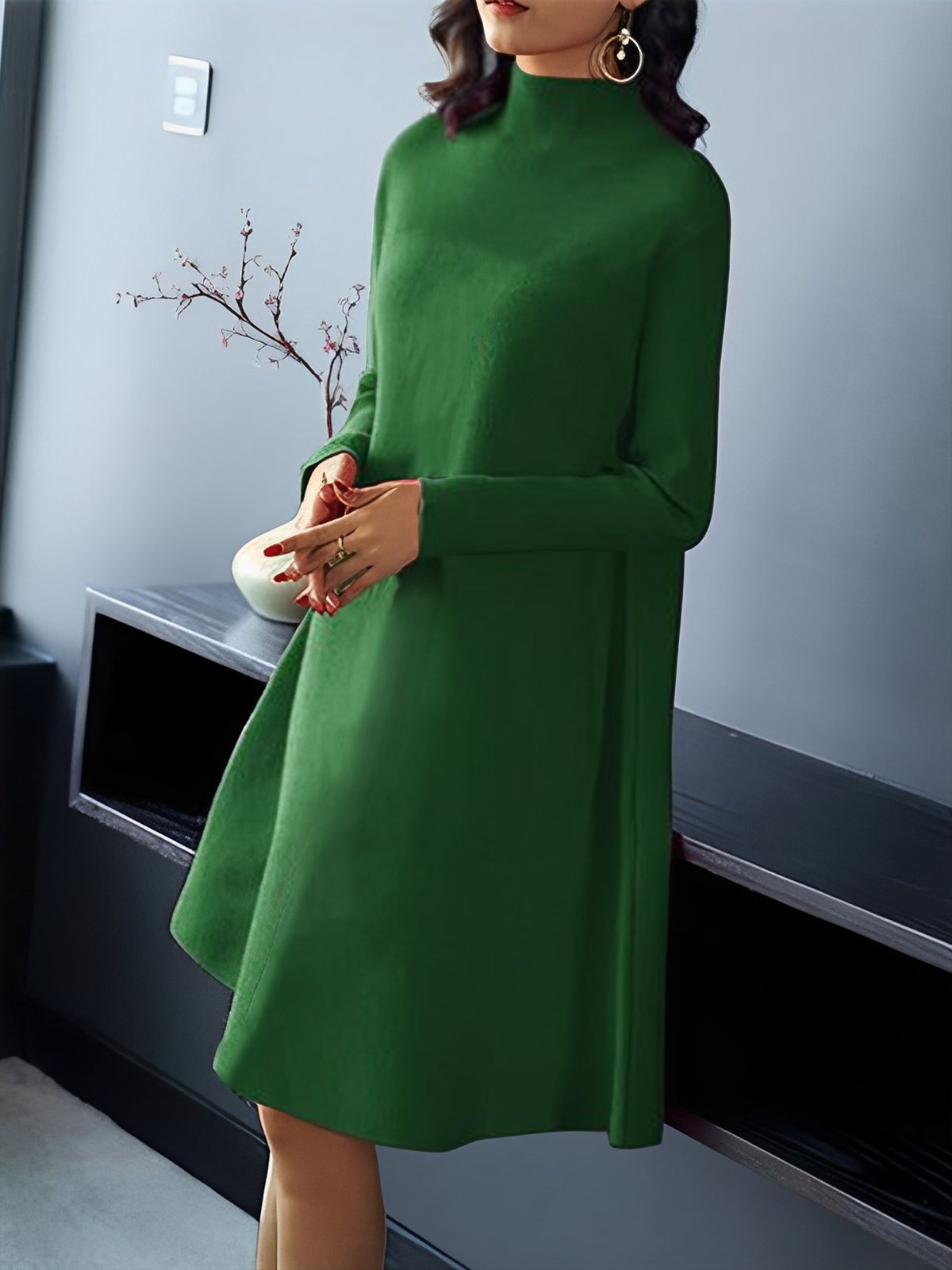 Plain Loose Half Turtleneck Elegant Sweater Dress