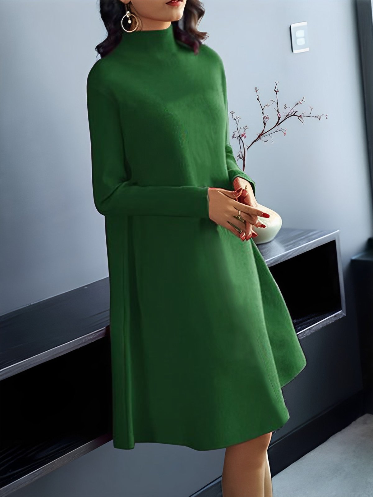 Plain Loose Half Turtleneck Elegant Sweater Dress