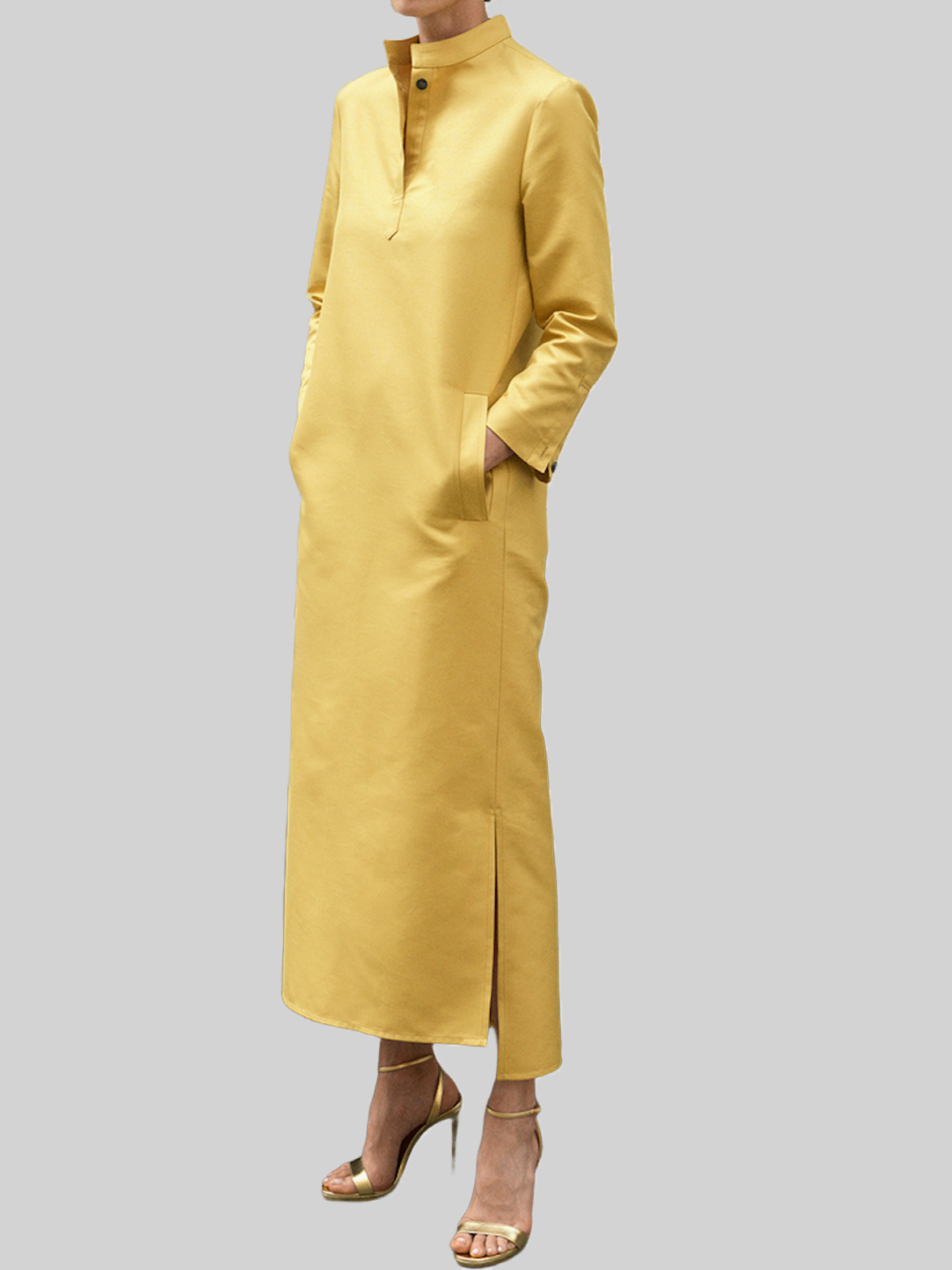 Urban Loose Stand Collar Long Sleeve Plain Maxi Dress