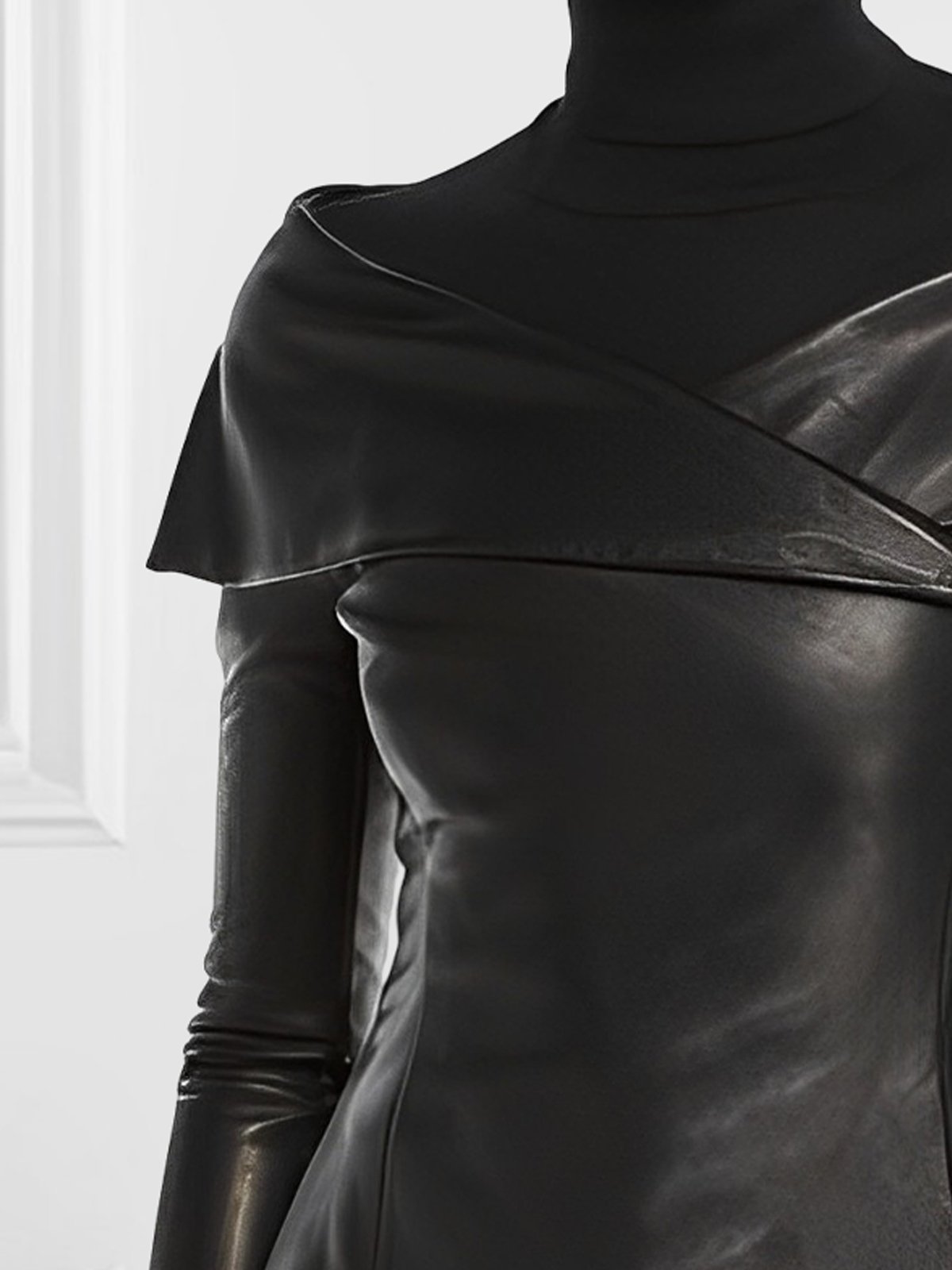 Urban Cross Neck Plain Long Sleeve Leather Top