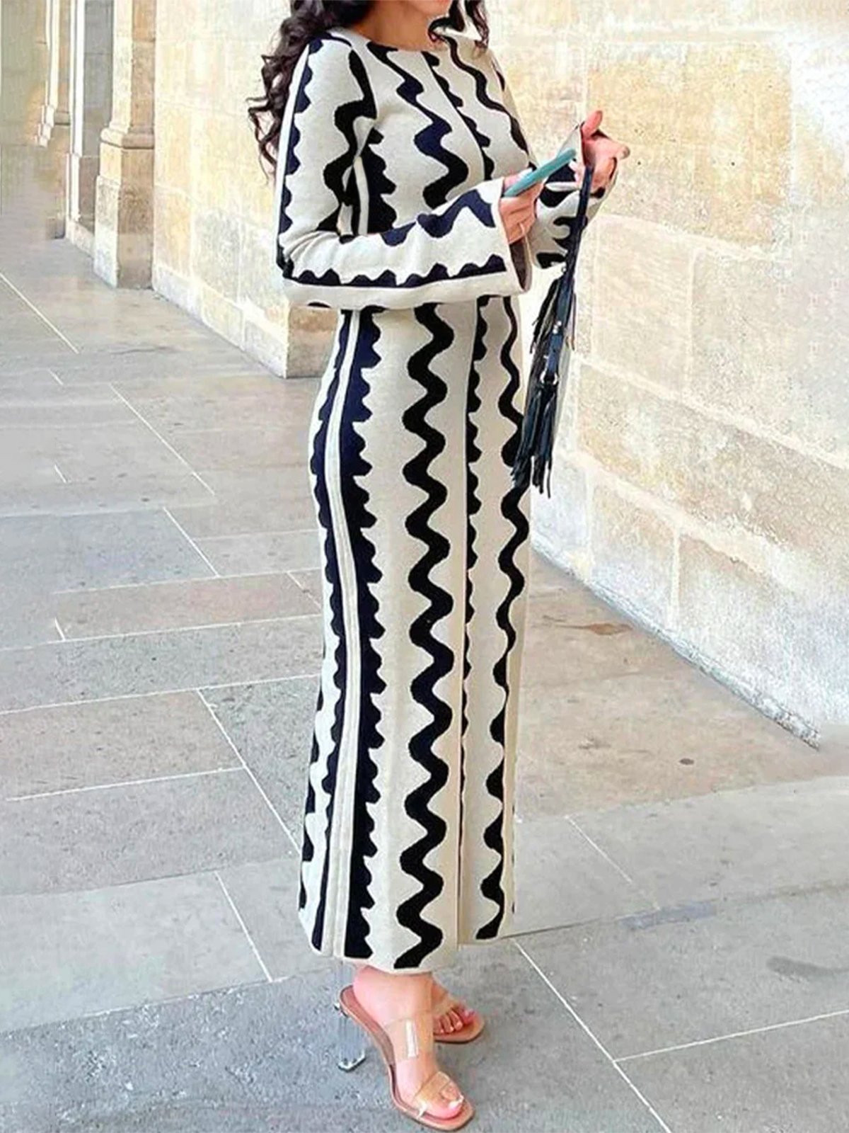 Elegant Crew Neck Chevron Sweater Maxi Dress With No Belt