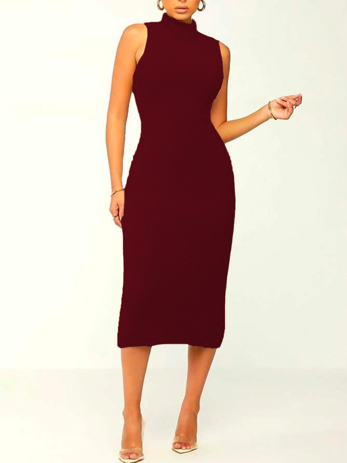 Sleeveless Plain Elegant Sweater Midi Dress With No Belt