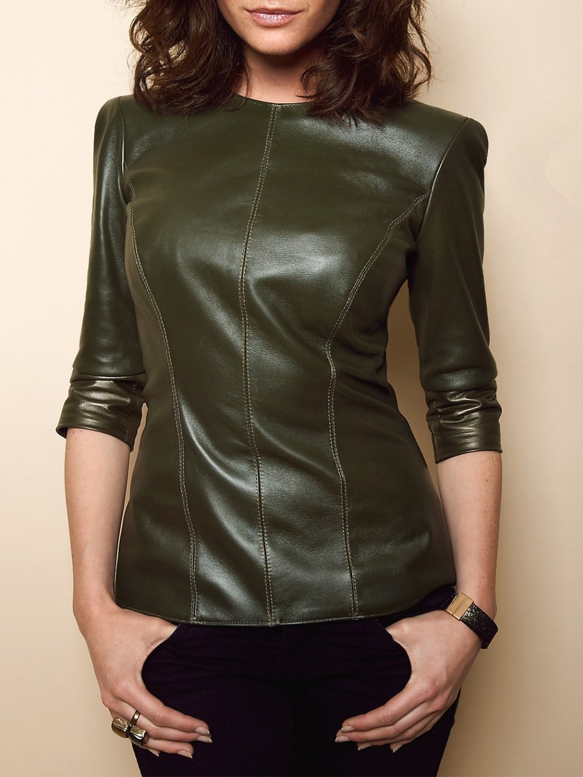 Urban Crew Neck Regular Fit Plain PU Leather Top