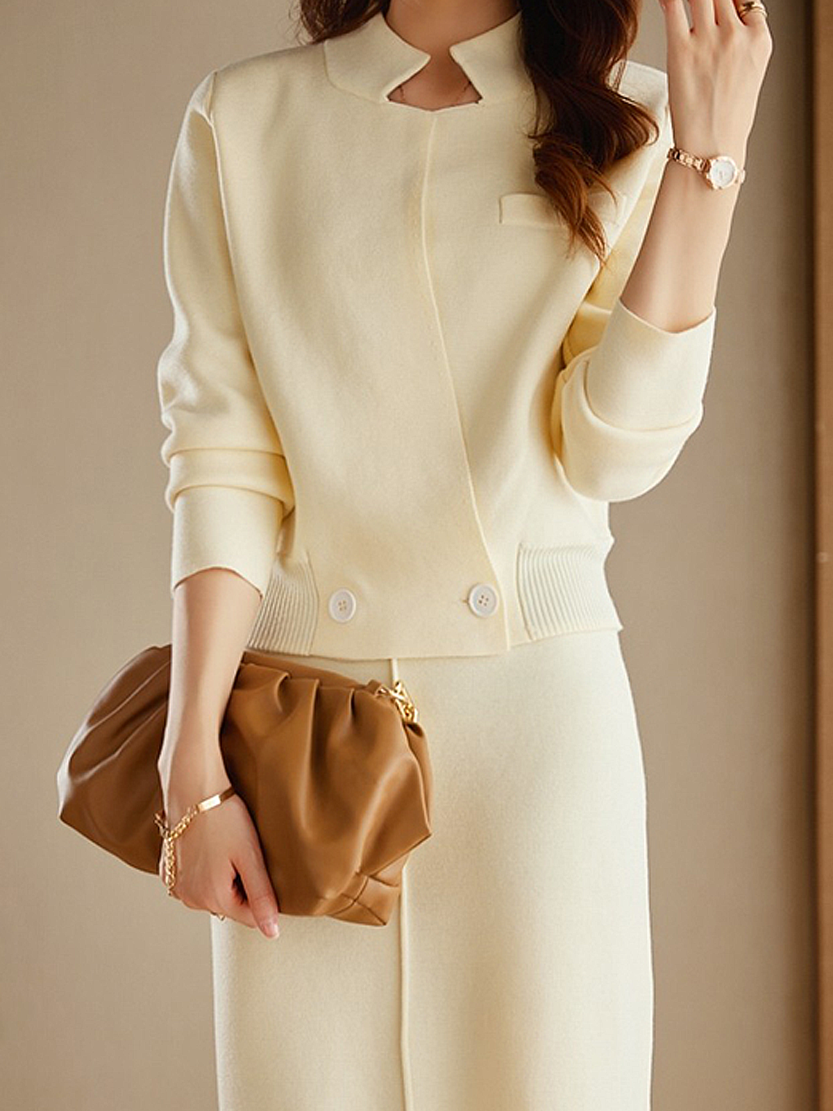 High Elasticity Loose Plain Stand Collar Long Sleeve Elegant Cardigan