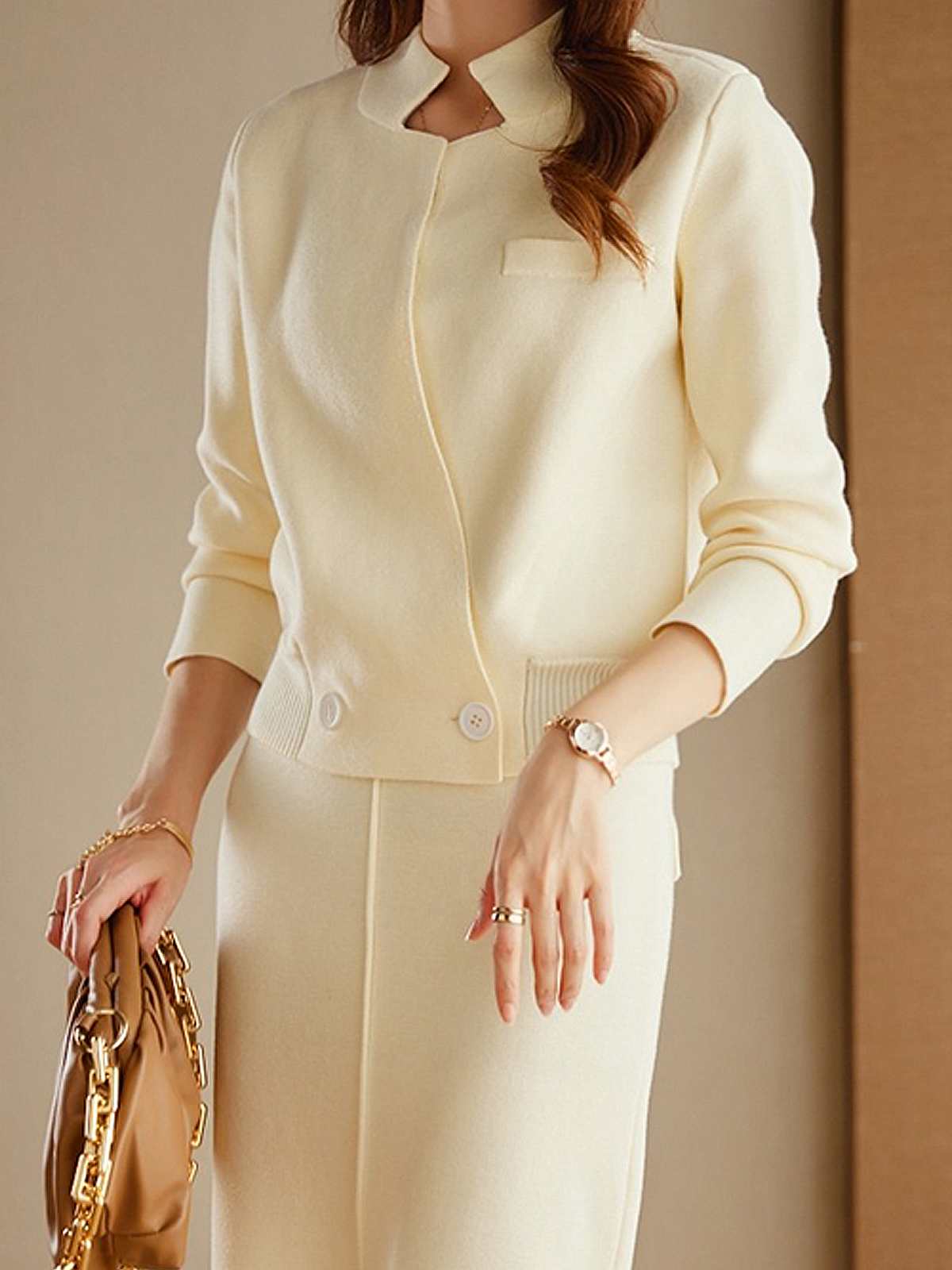 High Elasticity Loose Plain Stand Collar Long Sleeve Elegant Cardigan