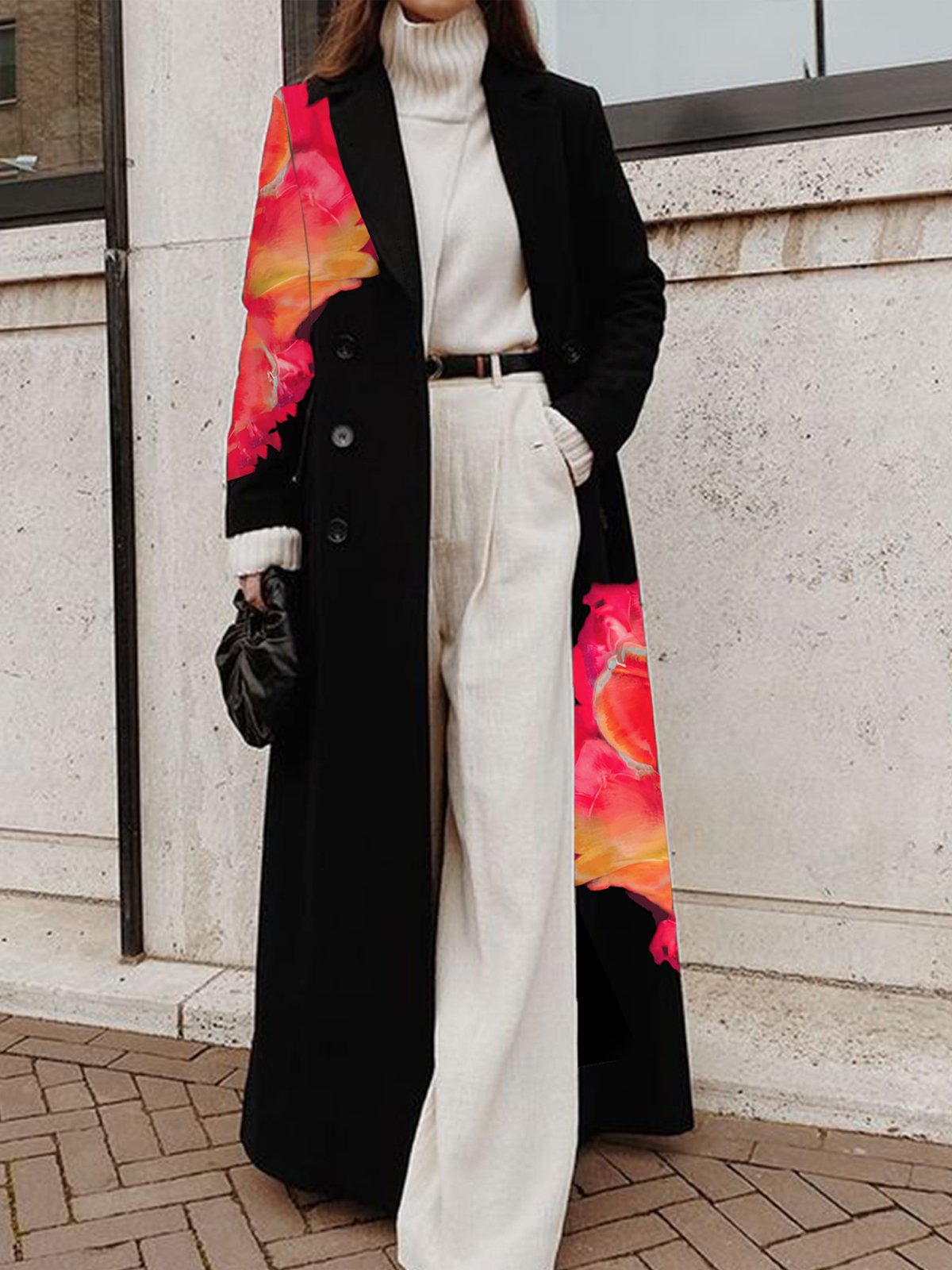 Long Sleeve Regular Fit Floral Urban Lapel Collar Coat