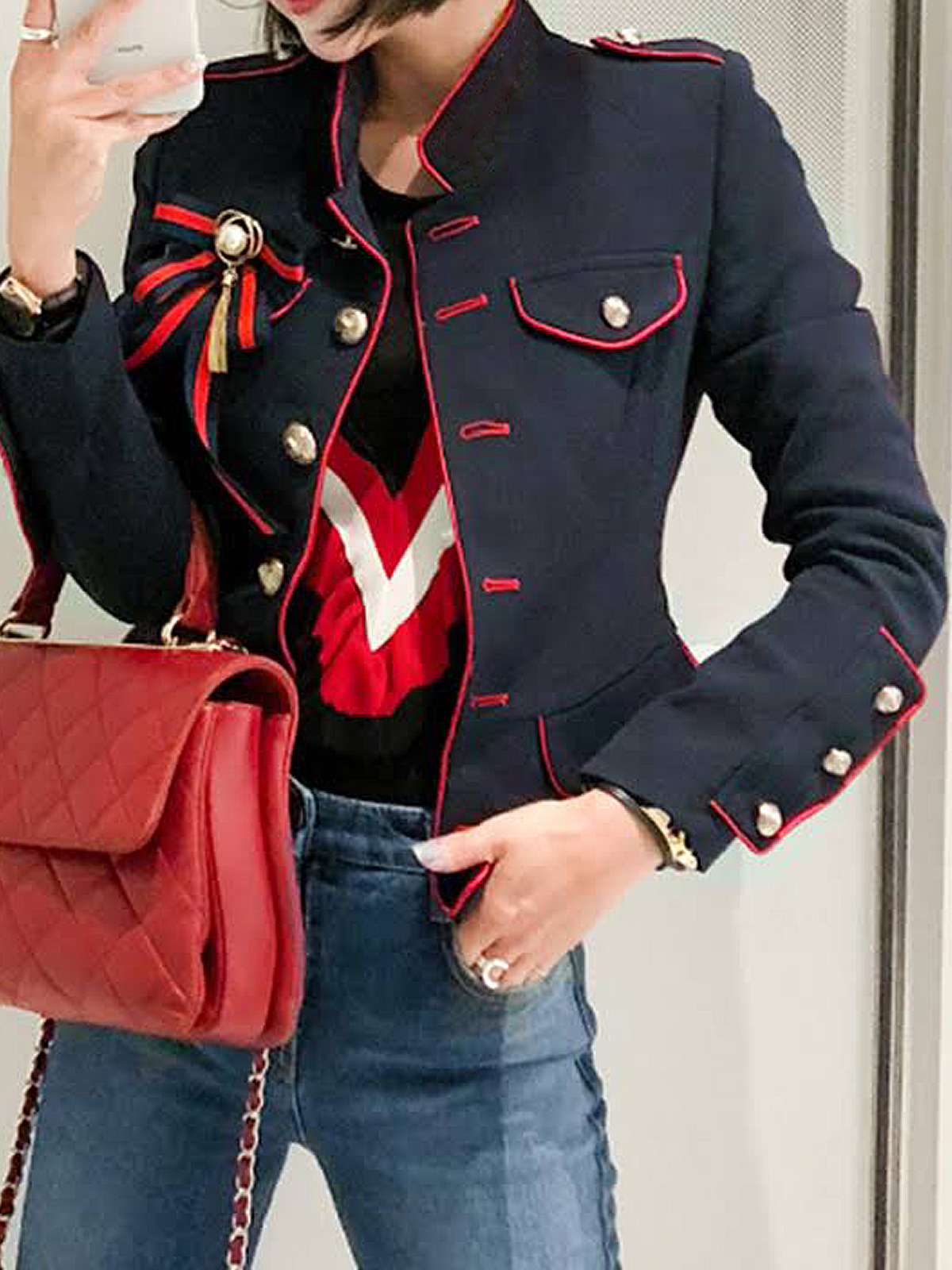 Stand Collar Color Block Long Sleeve Regular Fit Elegant Jacket  Brooch not included