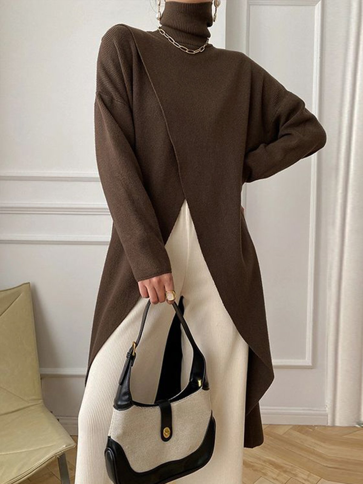 Plain Urban Turtleneck Split Asymmetrical   Sweater