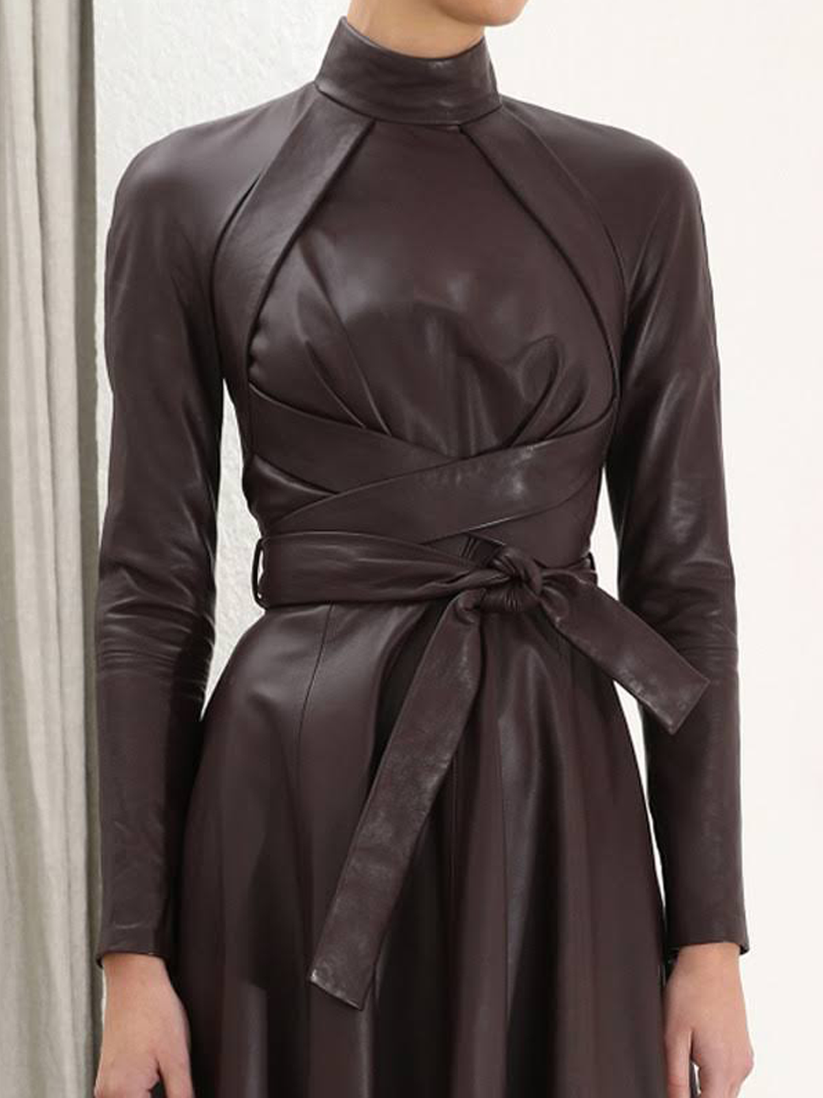 Micro-Elasticity Pu Elegant Stand Collar Long Sleeve Leather Maxi Dress With Belt