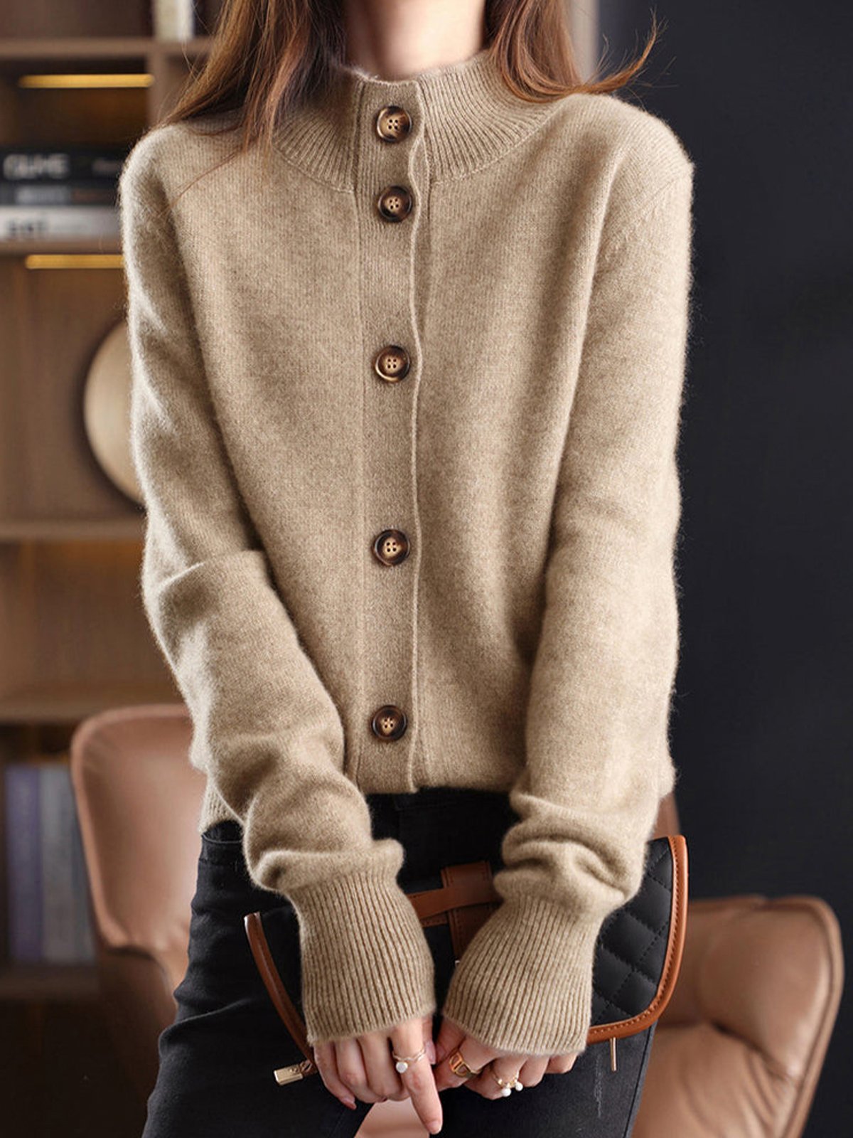 Urban Plain Loose Half Turtleneck Cardigan