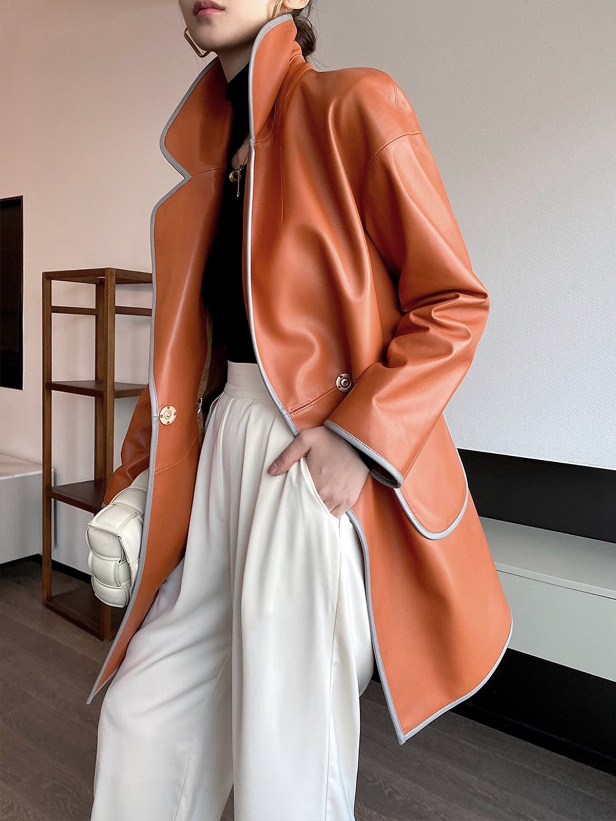 Long Sleeve Pu Urban Lapel Collar Leather Coat