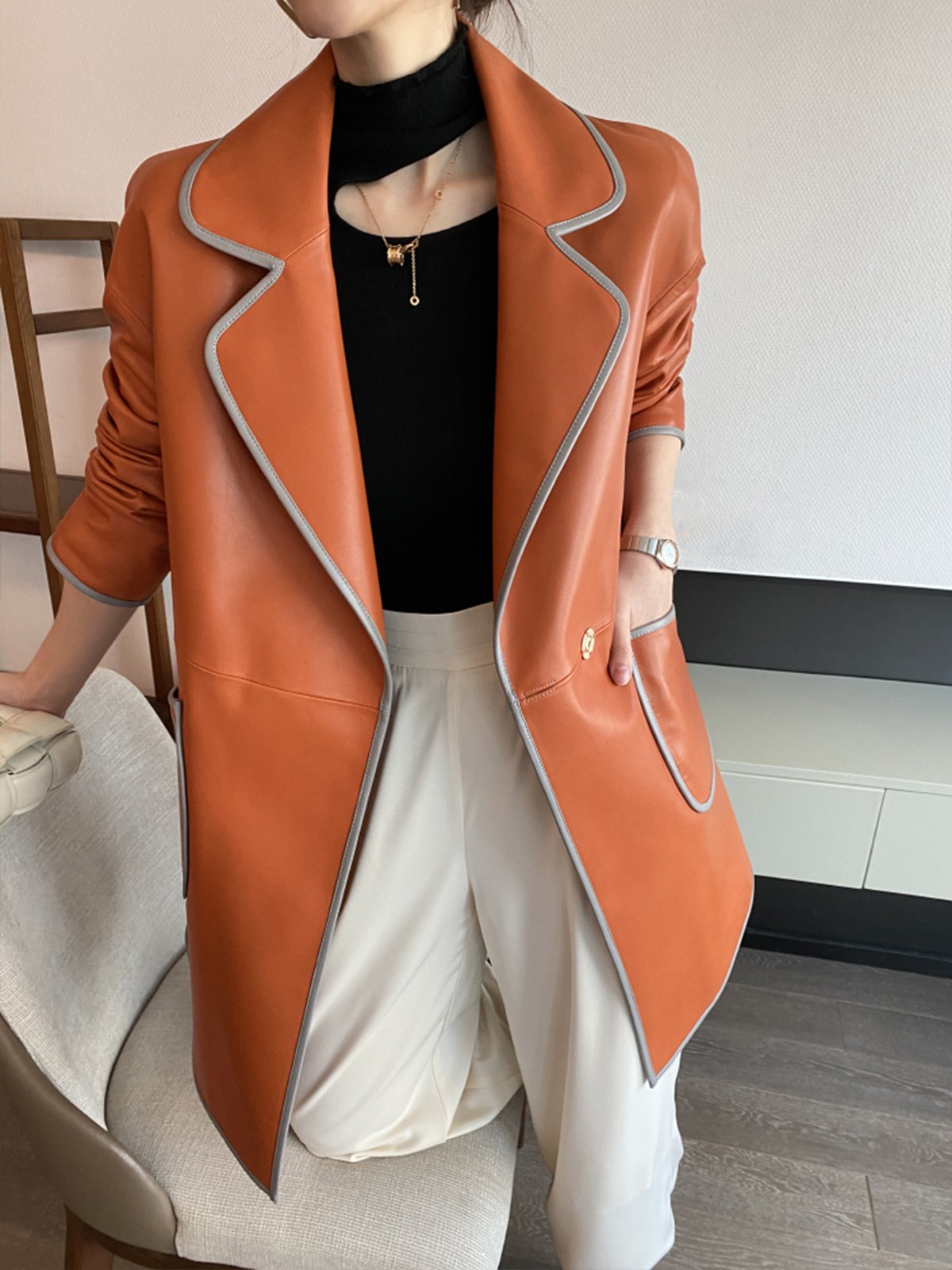 Long Sleeve Pu Urban Lapel Collar Leather Coat