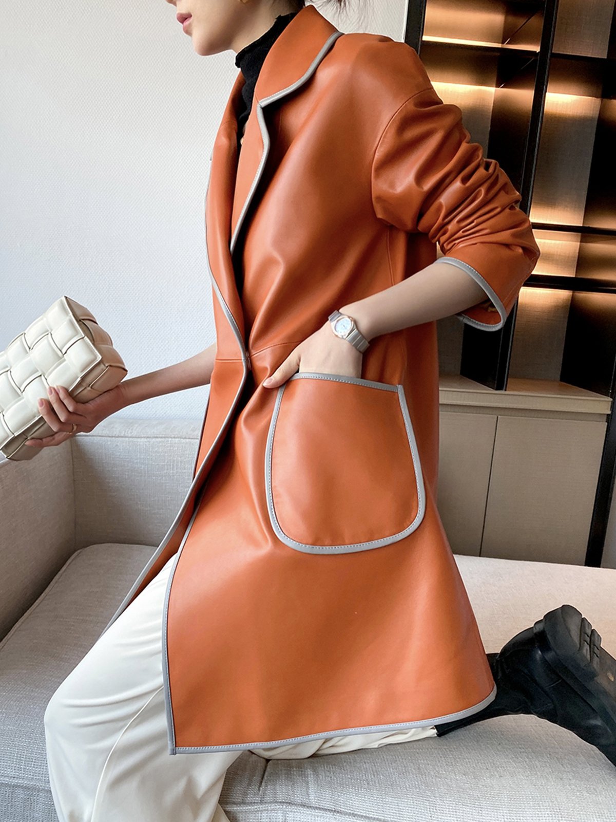 Long Sleeve Pu Urban Lapel Collar Leather Coat