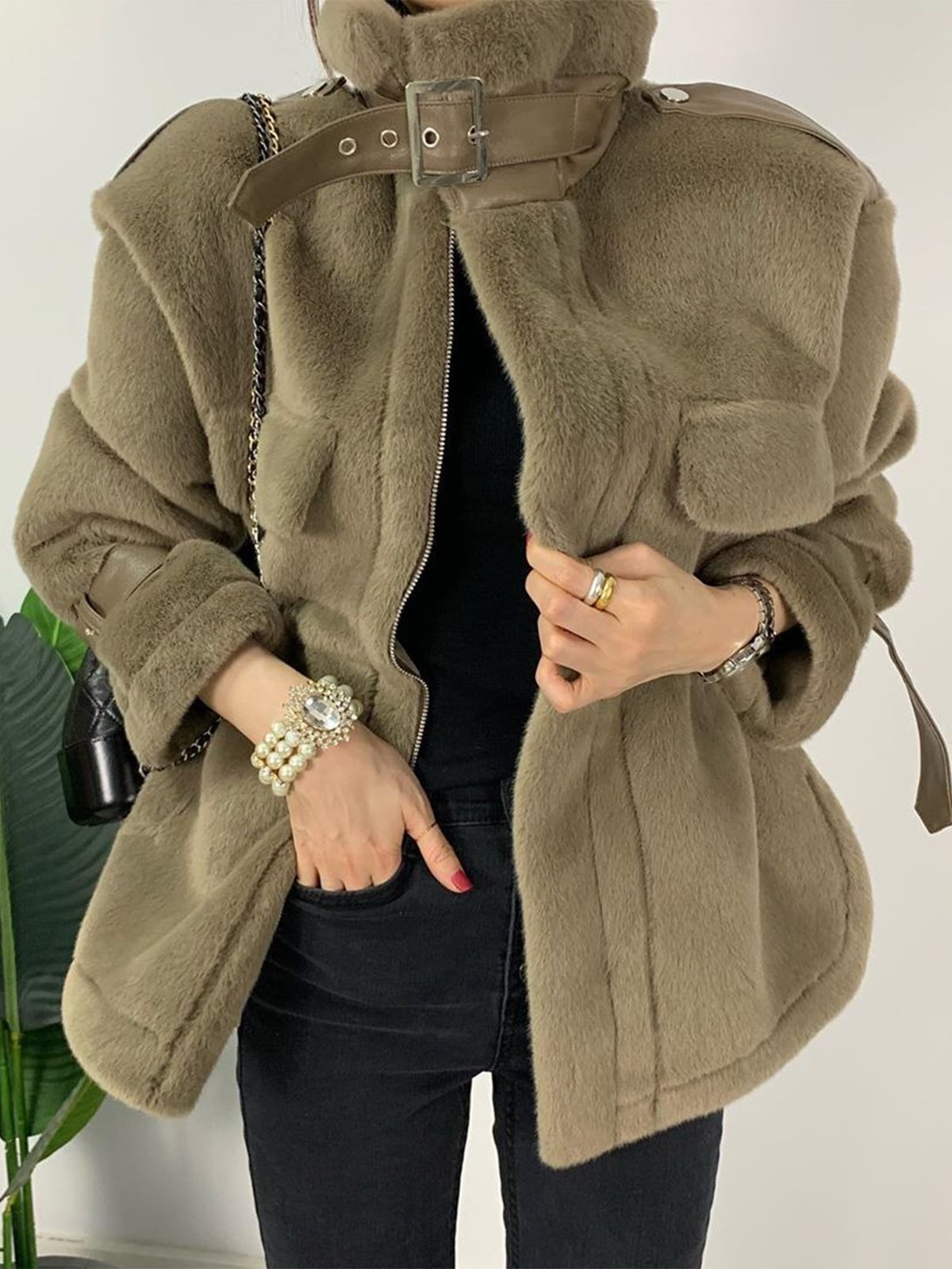 Urban Stand Collar Plain Long Sleeve Teddy Jacket