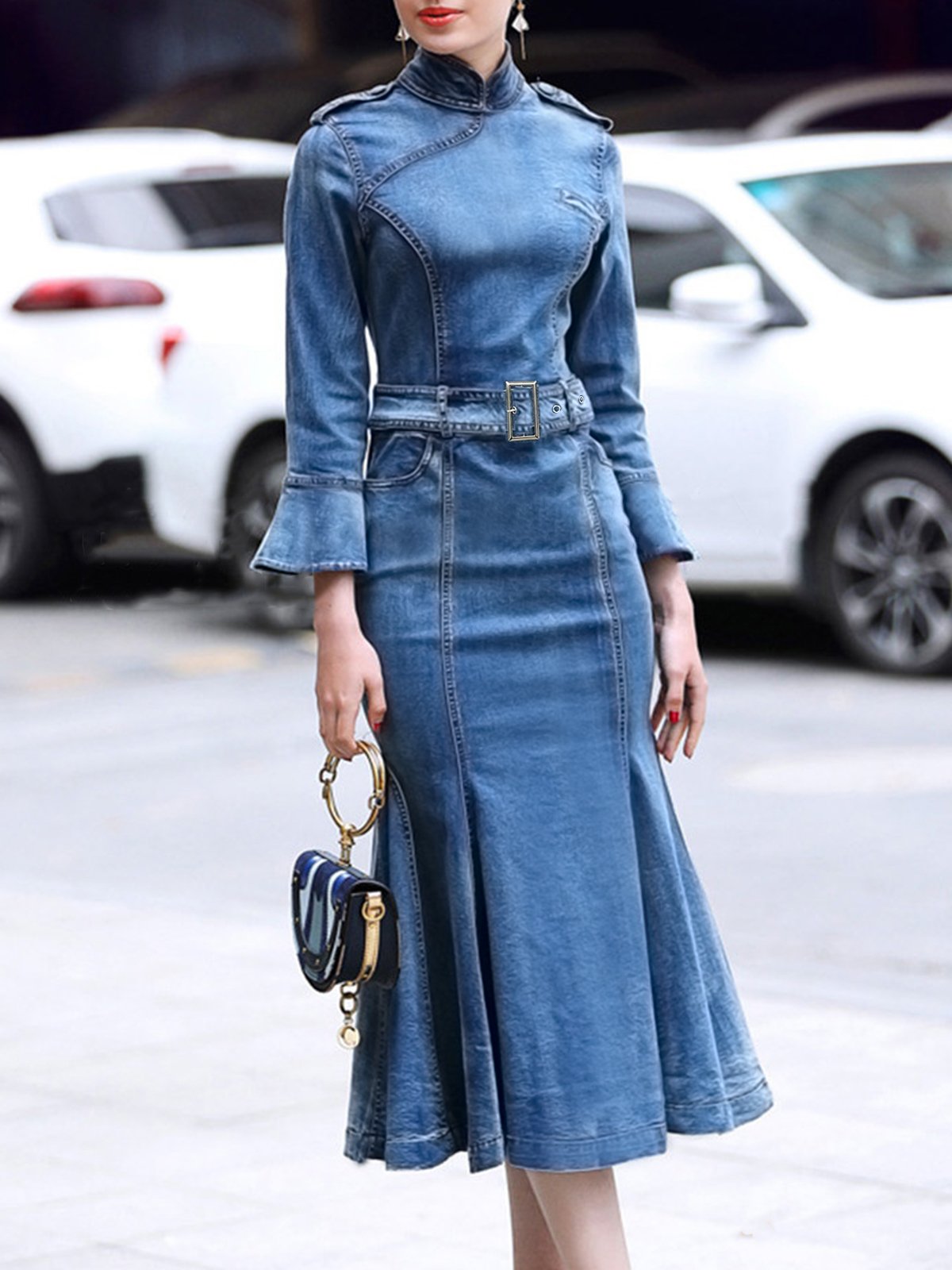 Stand Collar Elegant Plain Denim Dress