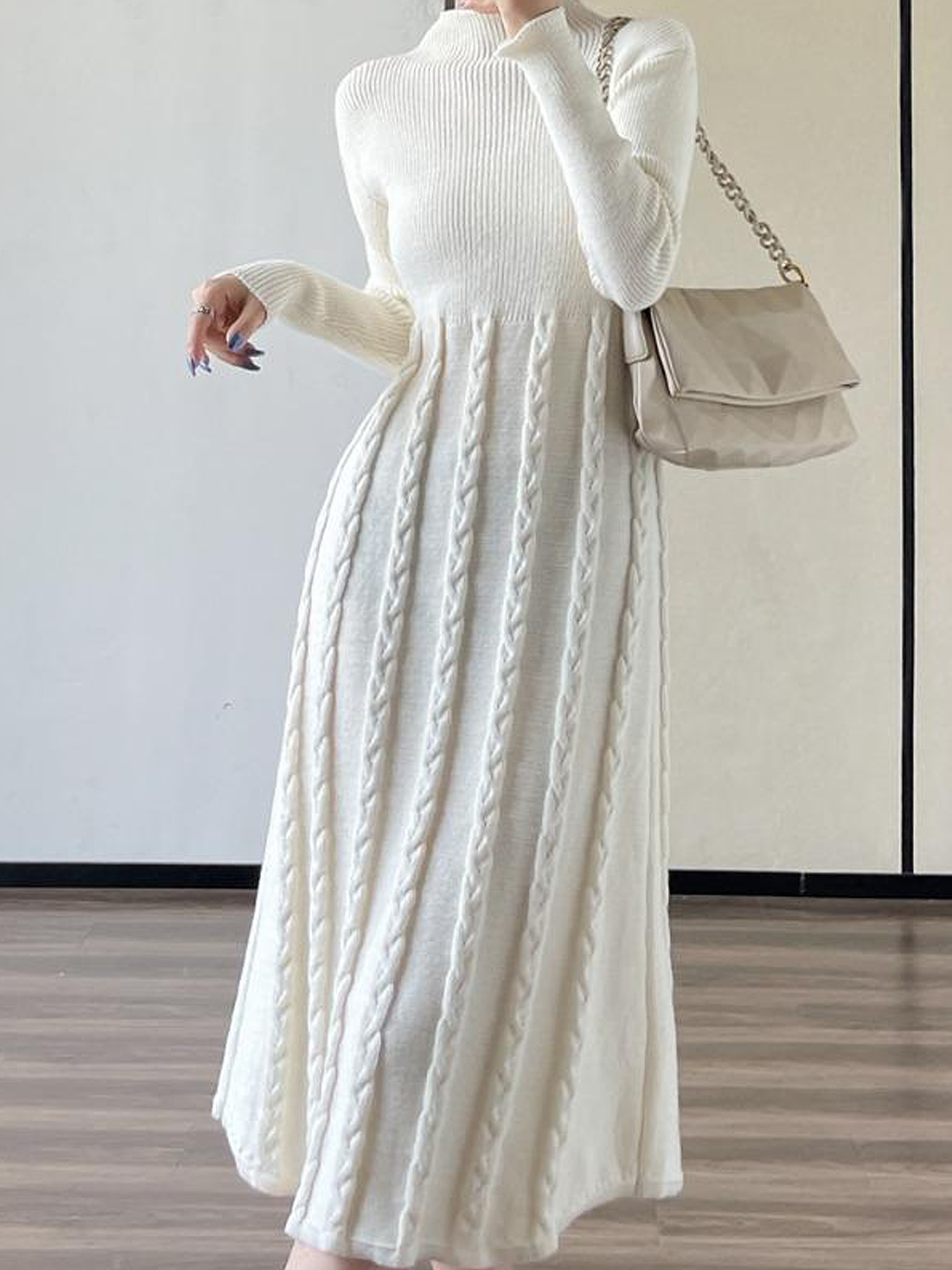 Regular Fit Elegant Plain Stand Collar Long Sleeve Sweater Maxi Dress