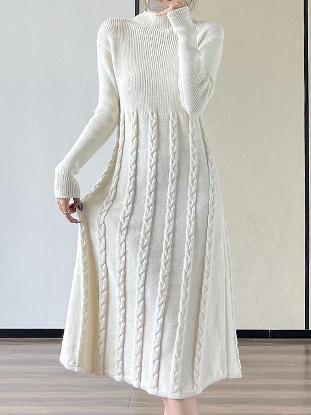 Regular Fit Elegant Plain Stand Collar Long Sleeve Sweater Maxi Dress