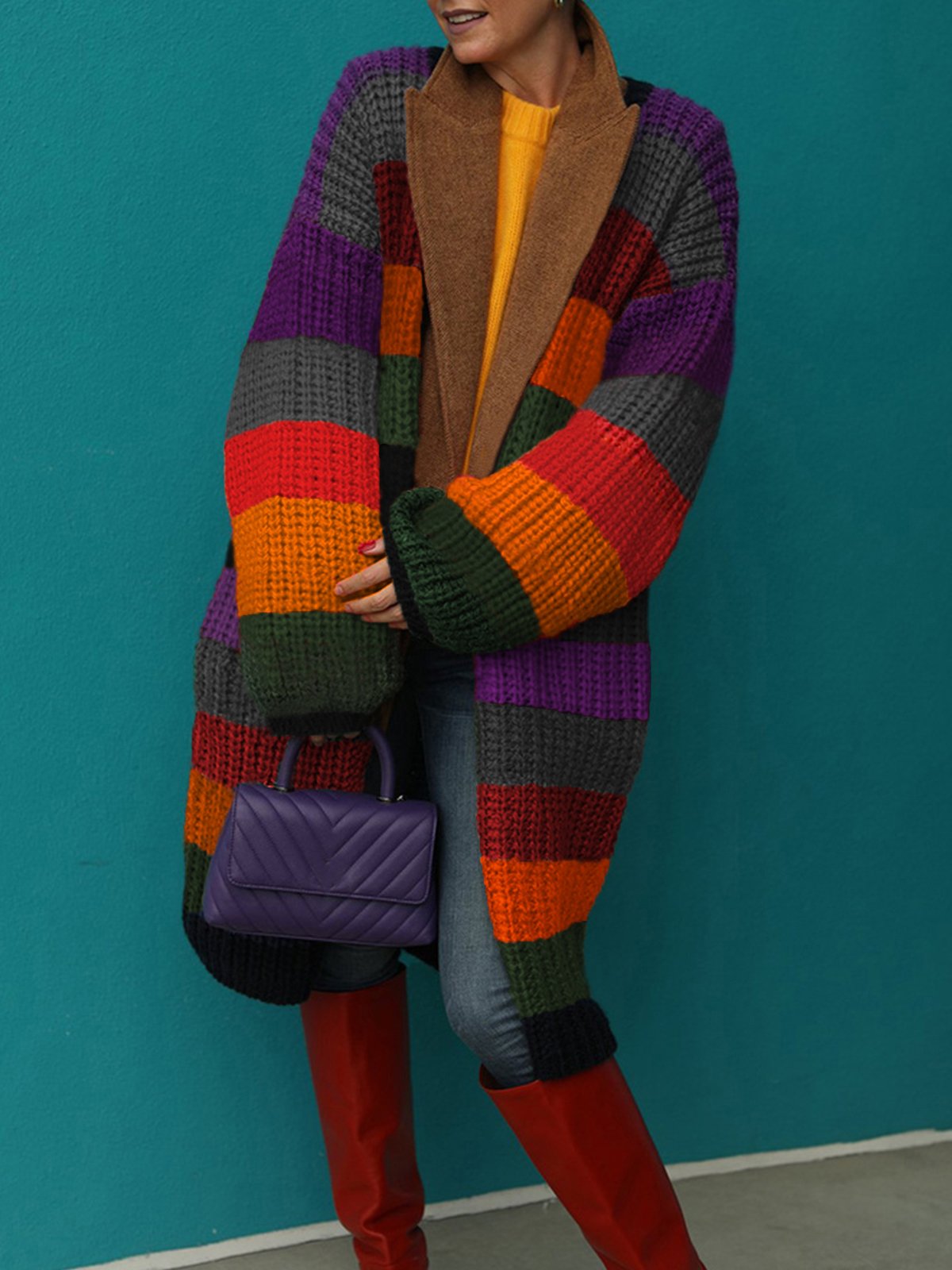 Urban Striped Color Block  Loose Long Sleeve Cardigan