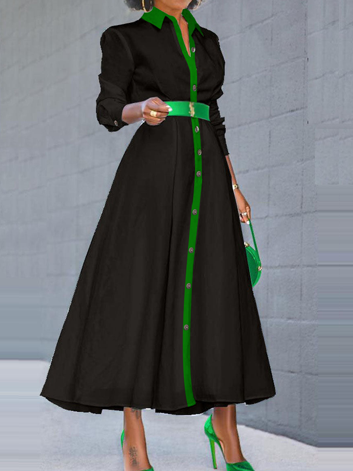 Regular Fit Elegant Color Block Long Sleeve Maxi Dress With No Belt