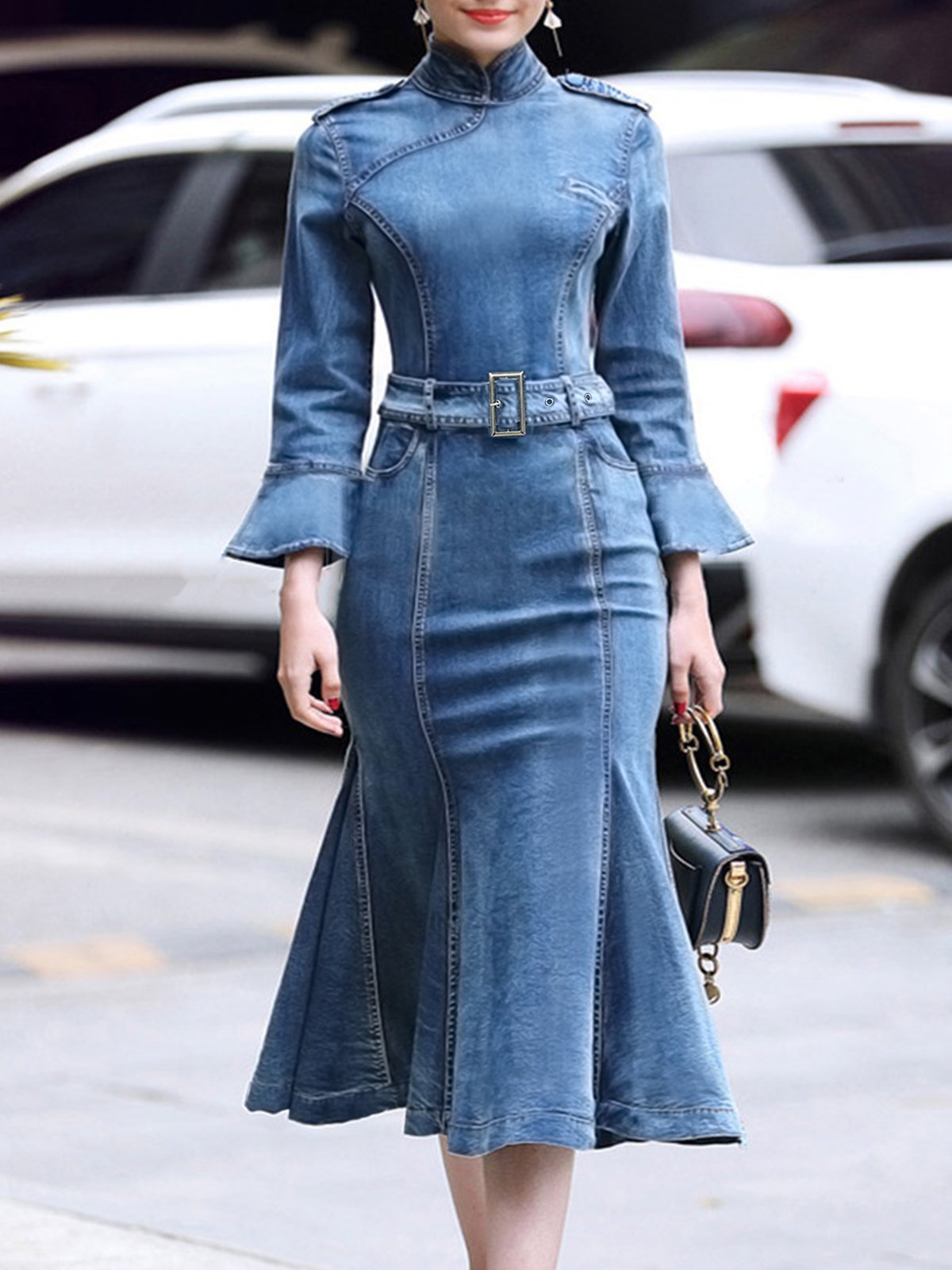 Stand Collar Elegant Plain Denim Dress