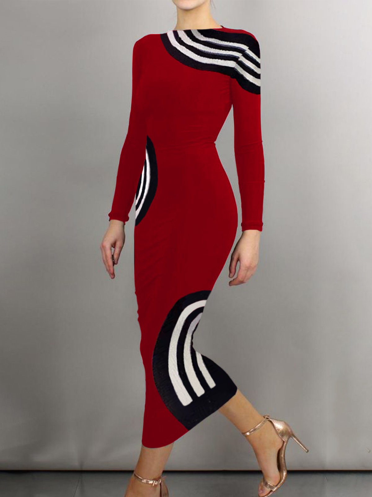 Color Block Tight Elegant Boat Neck Midi Dress With No Belt