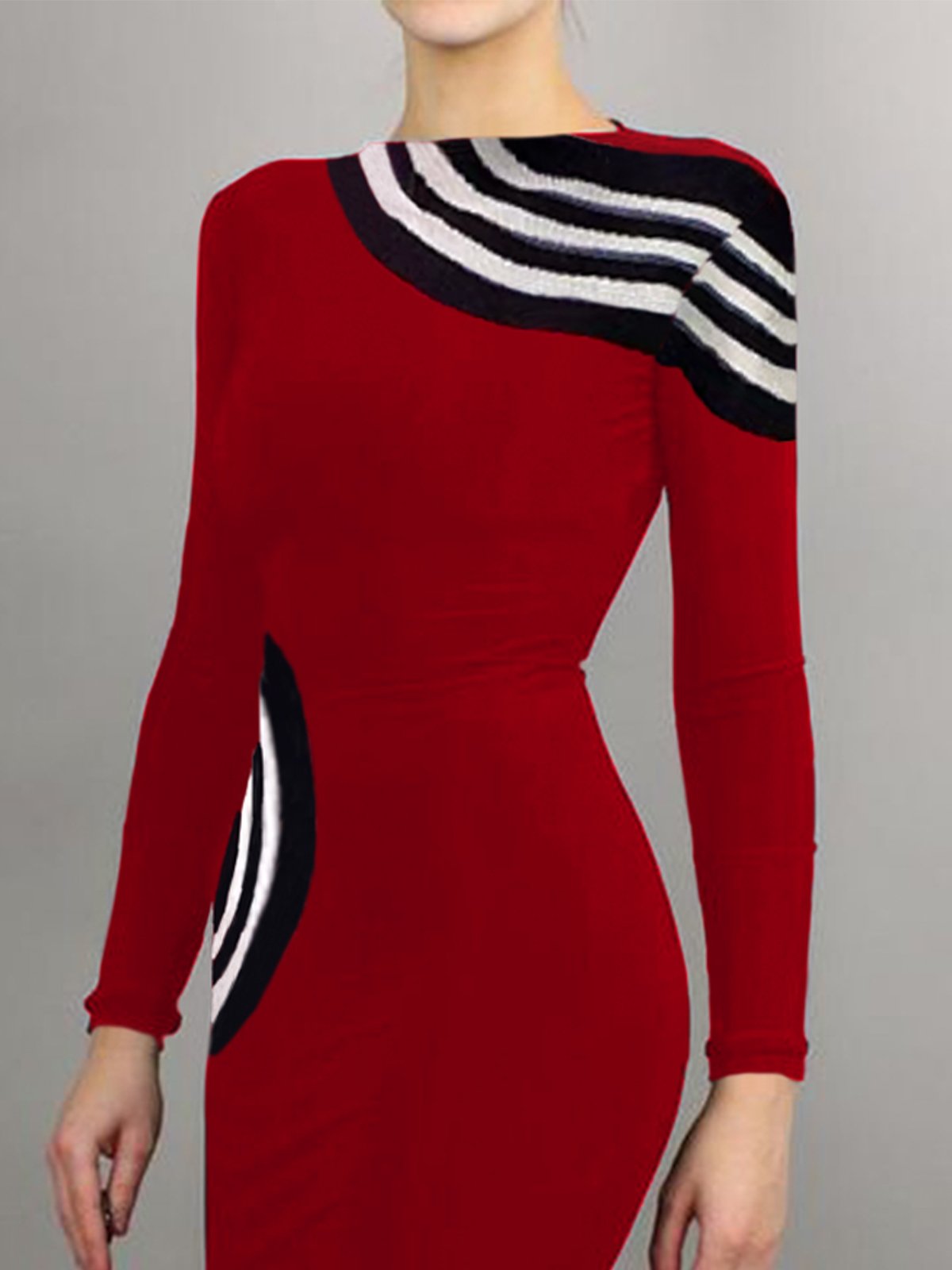 Color Block Tight Elegant Boat Neck Midi Dress With No Belt