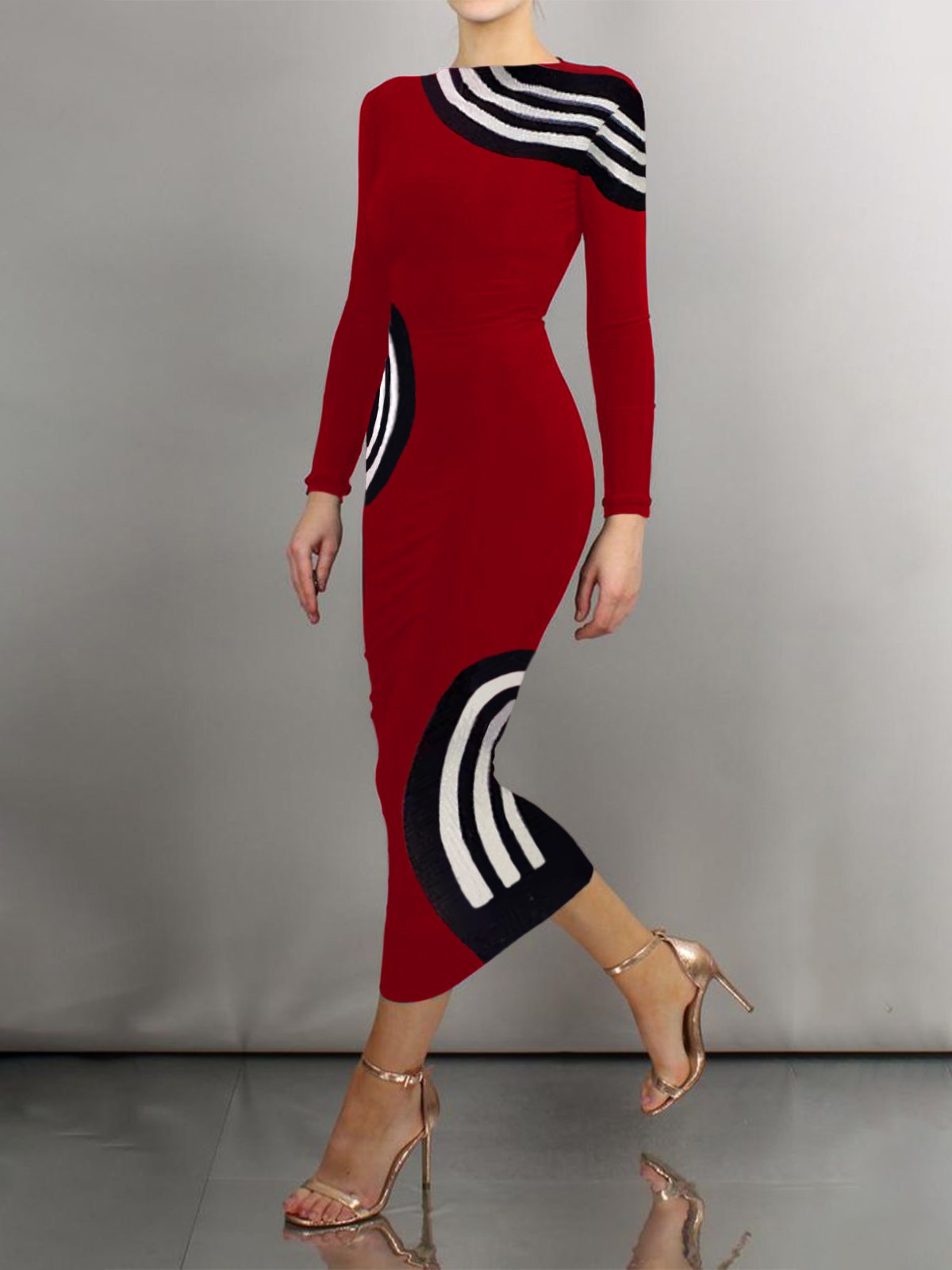 Color Block Tight Elegant Boat Neck Midi Dress With No Belt