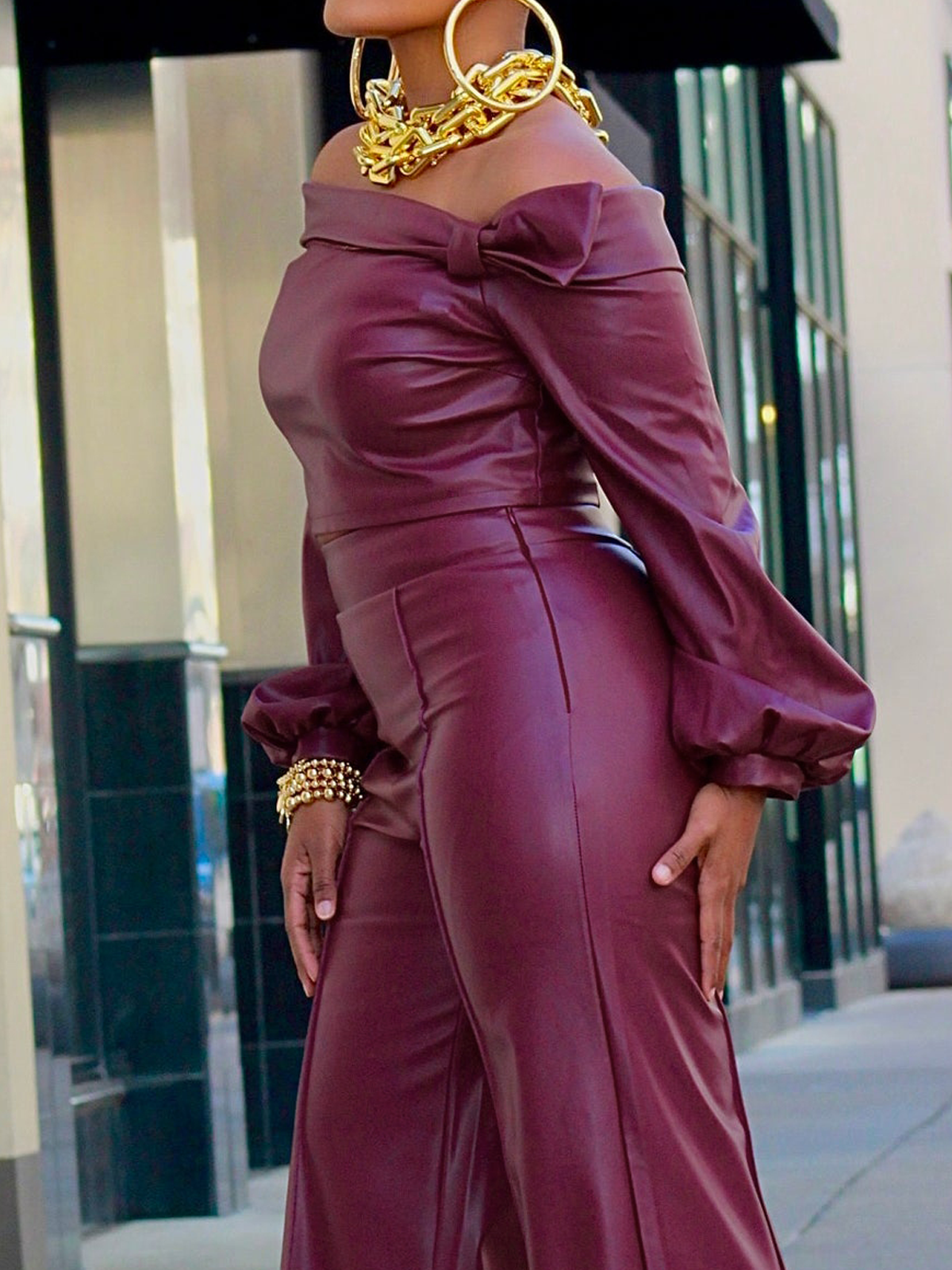 PU Elegant Plain Regular Fit Cold Shoulder Long Sleeve Leather Top