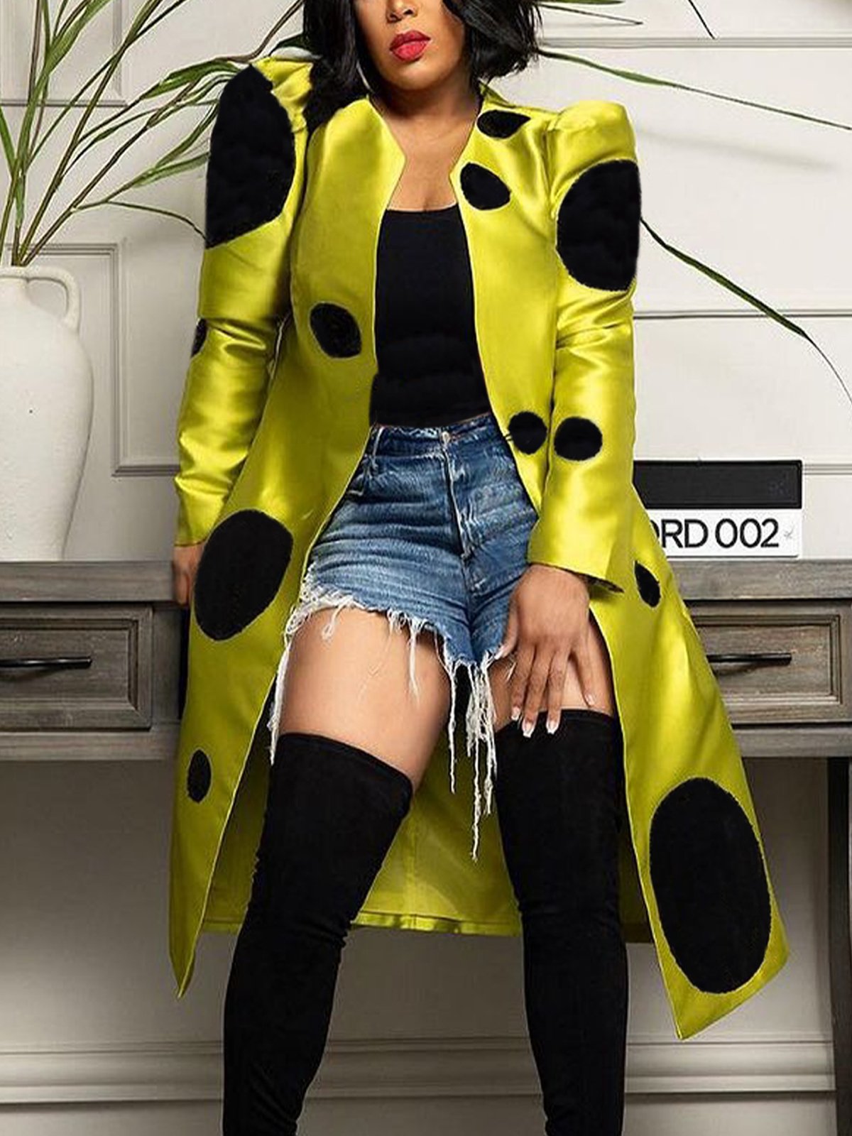 Elegant Crew Neck Polka Dots Loose Trench Coat