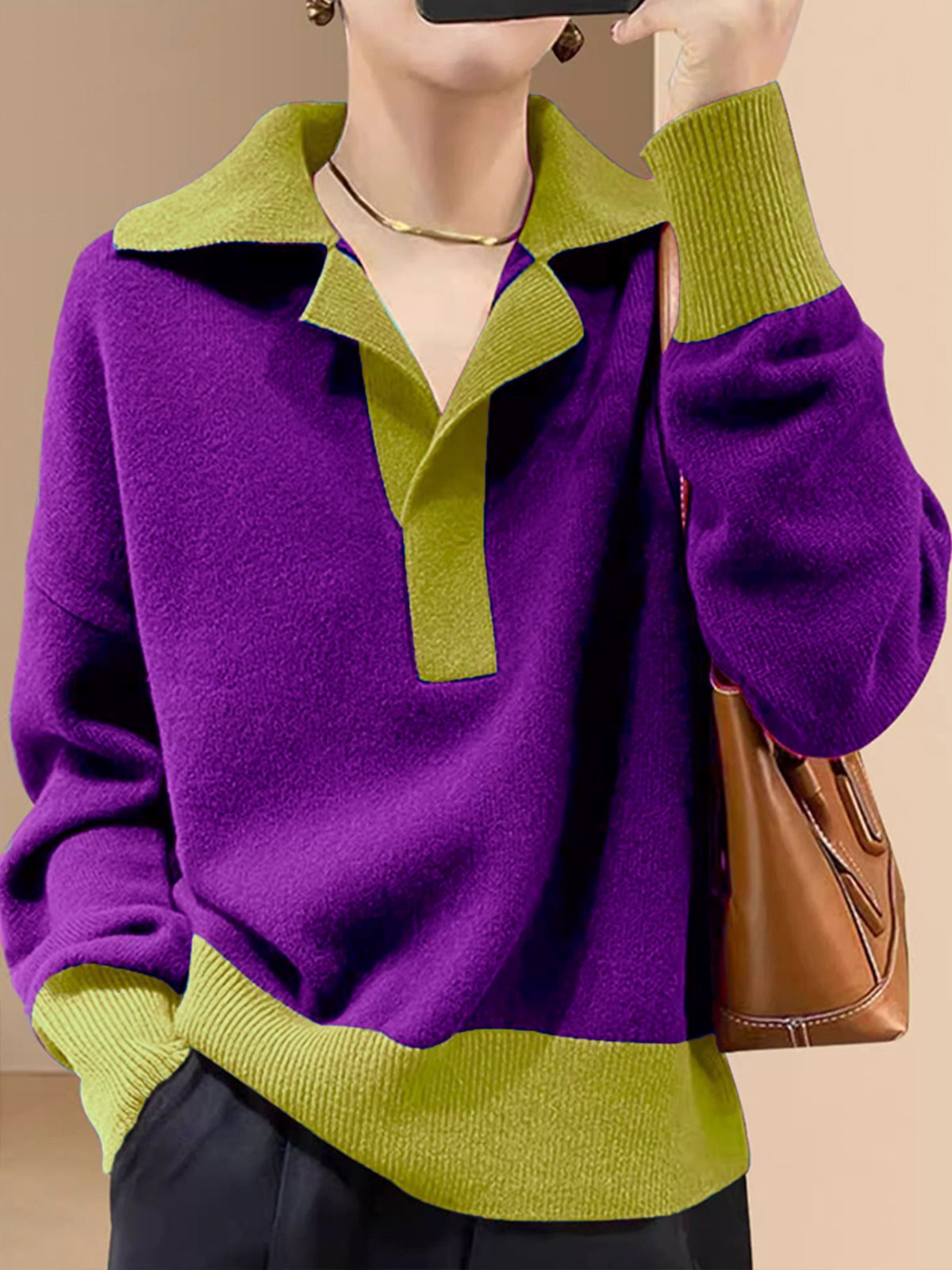 Long Sleeve Color Block Urban Shirt Collar Sweater