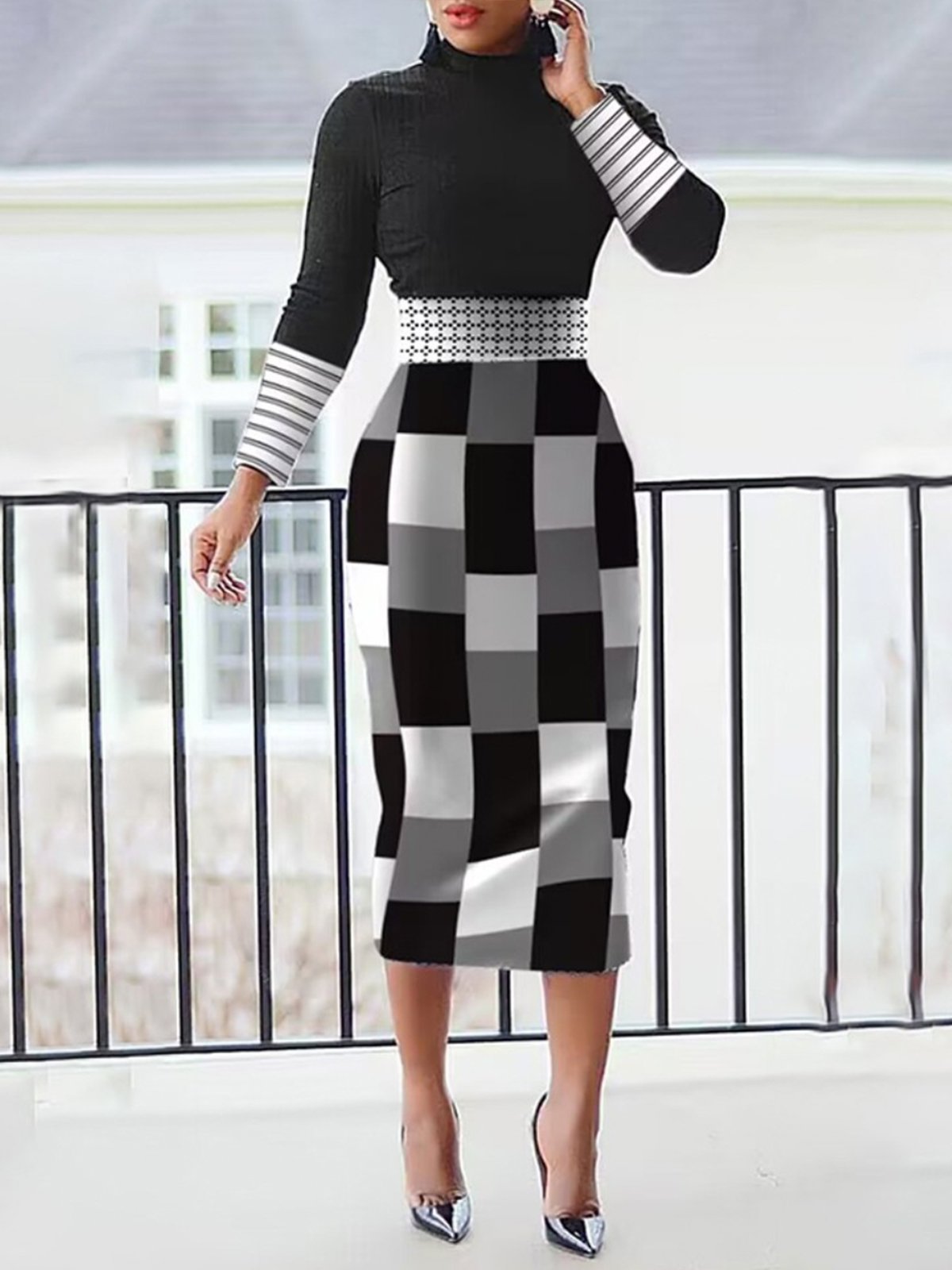 Elegant Plaid Regular Fit Long Sleeve Turtleneck Dress