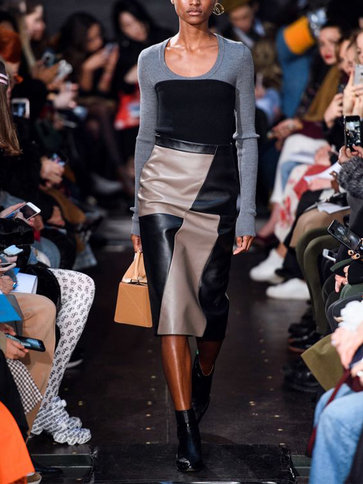 Regular Fit Color Block Urban Leather Midi Skirt