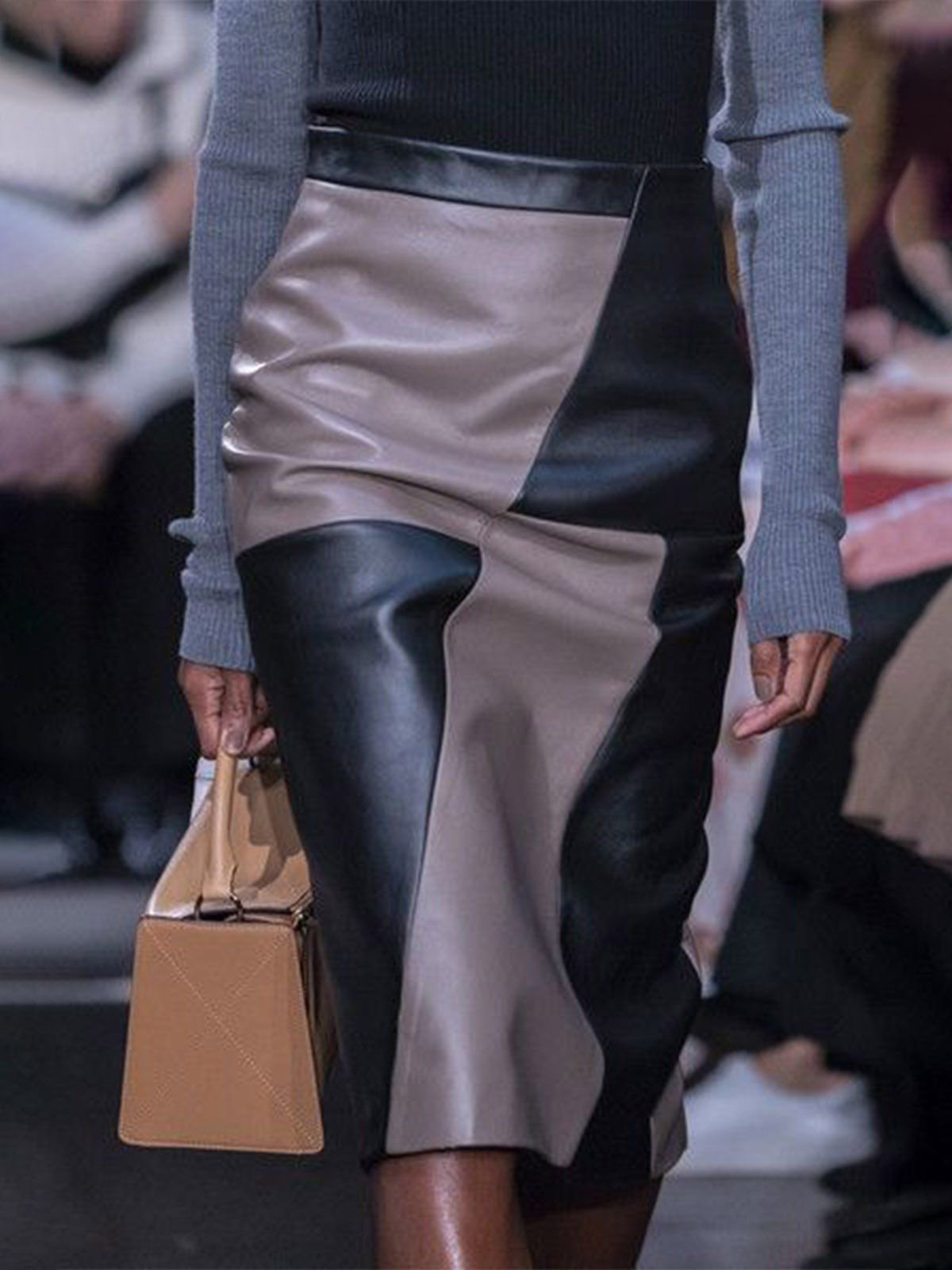 Regular Fit Color Block Urban Leather Midi Skirt