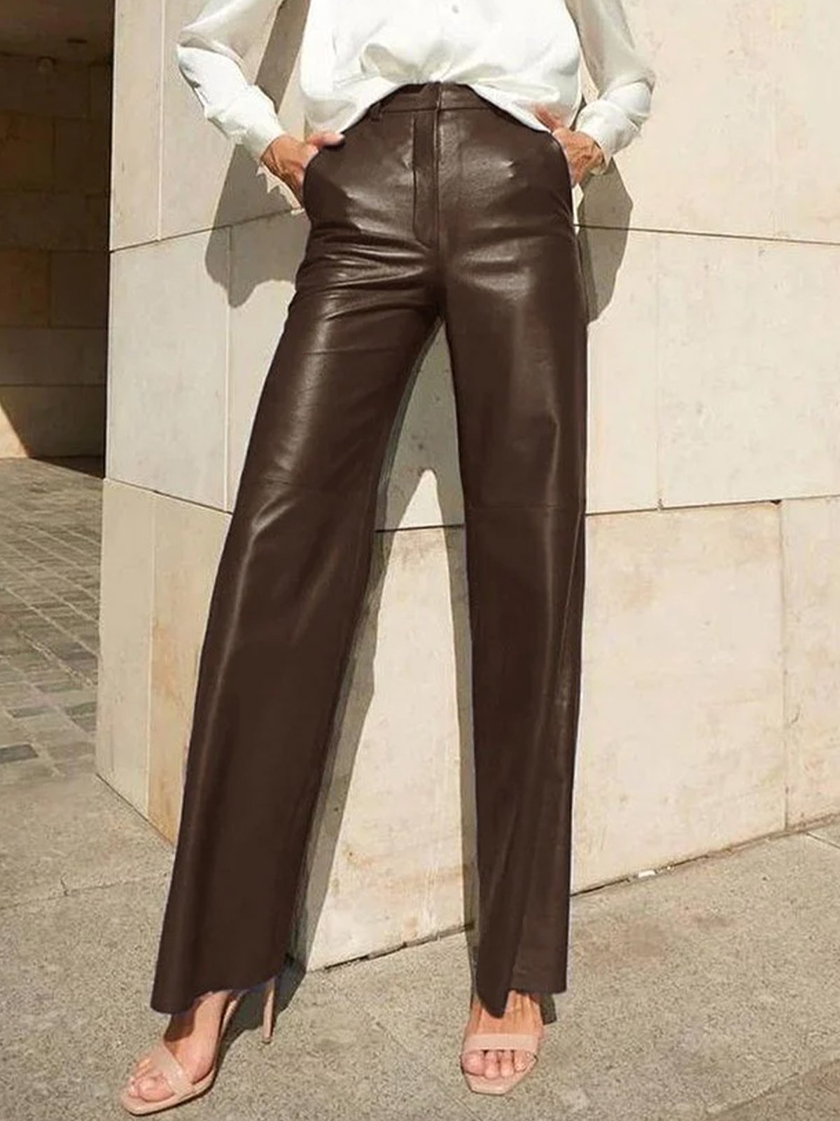 Urban Plain Regular Fit  Pockets Pu Leather Pants